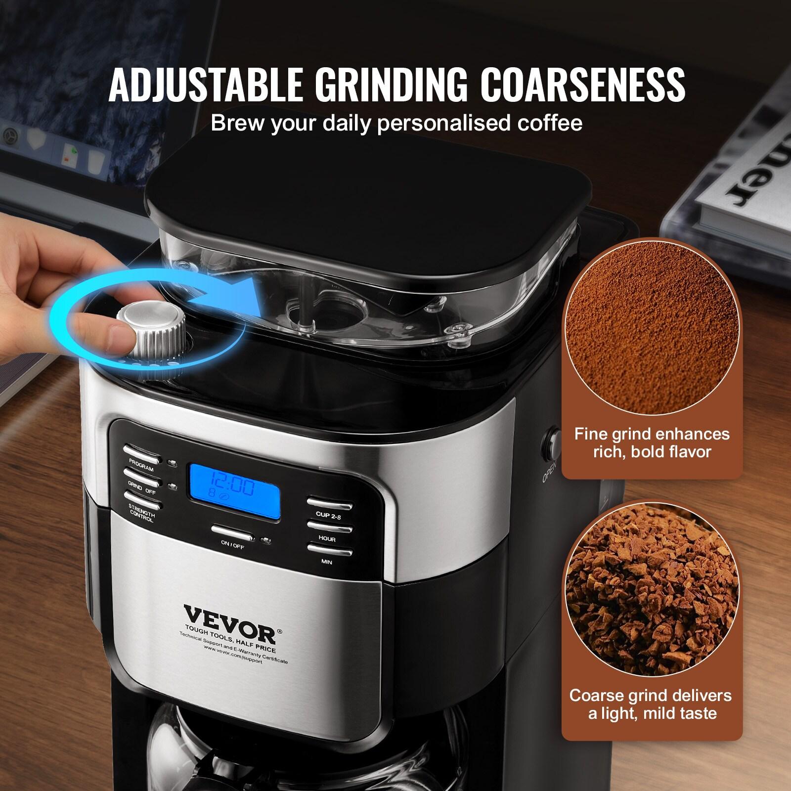 Grind and Brew Coffee Maker Machine, 8 Cup Capacity with 3 Brew Strength Options, Built in Timer for Auto Morning Brew, Ideal for Office Home Cafe, Black