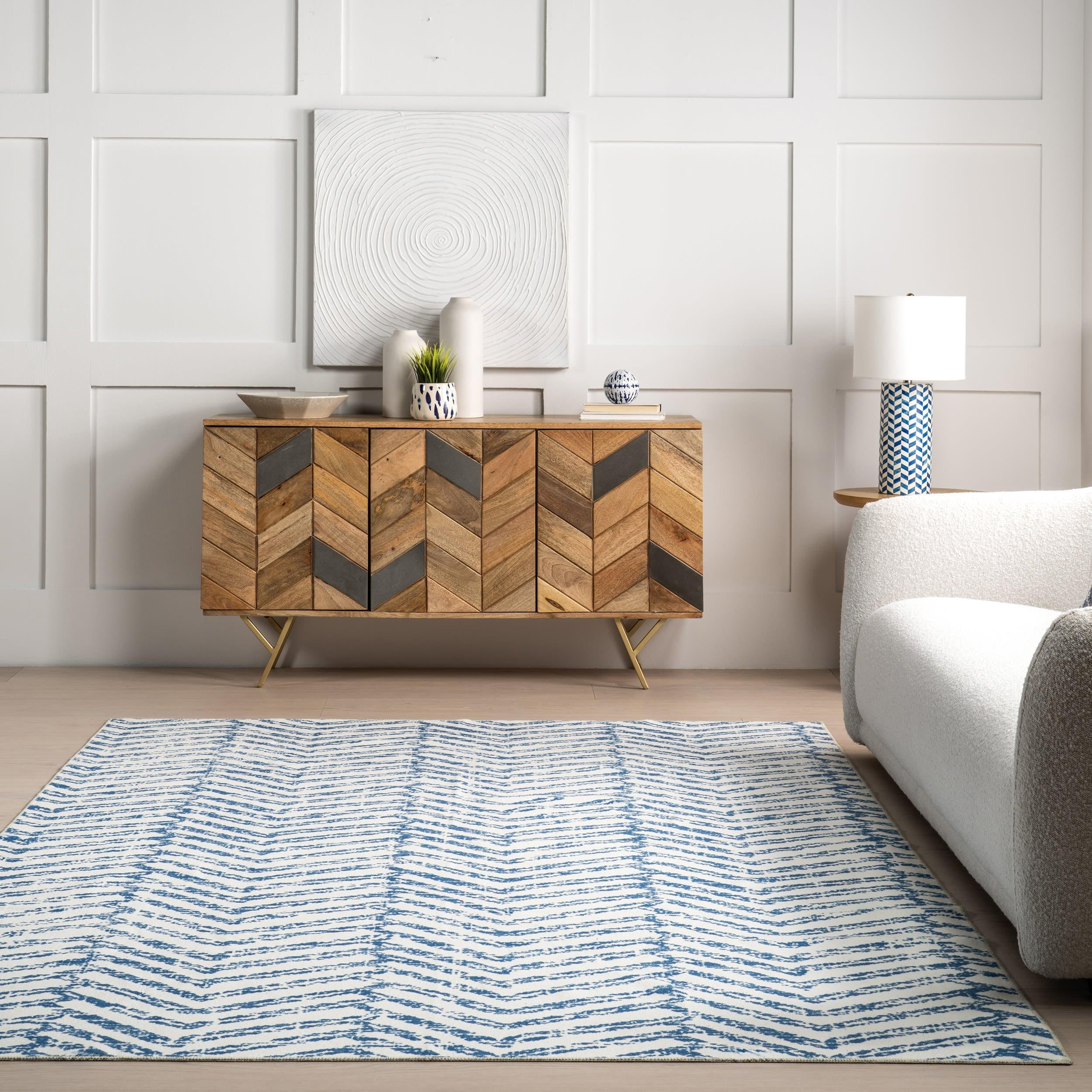 Nuloom Rosanne Herringbone 3x5 Machine Washable Accent Indoor Area Rug for Living Room Bedroom Dining Room Entryway Kitchen, Blue/Ivory