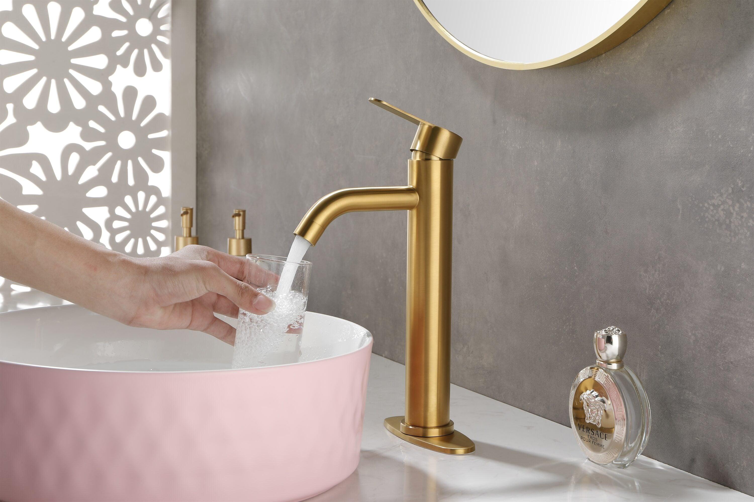 Gold Bathroom Faucets | Waterfall Single Hole Bathroom Sink Faucet with Deck Plate, 1 Hole Or 3 Hole for 4 Inch Brushed Gold Vanity Faucet with Pop-Up Drain Single Handle Lavatory Faucet