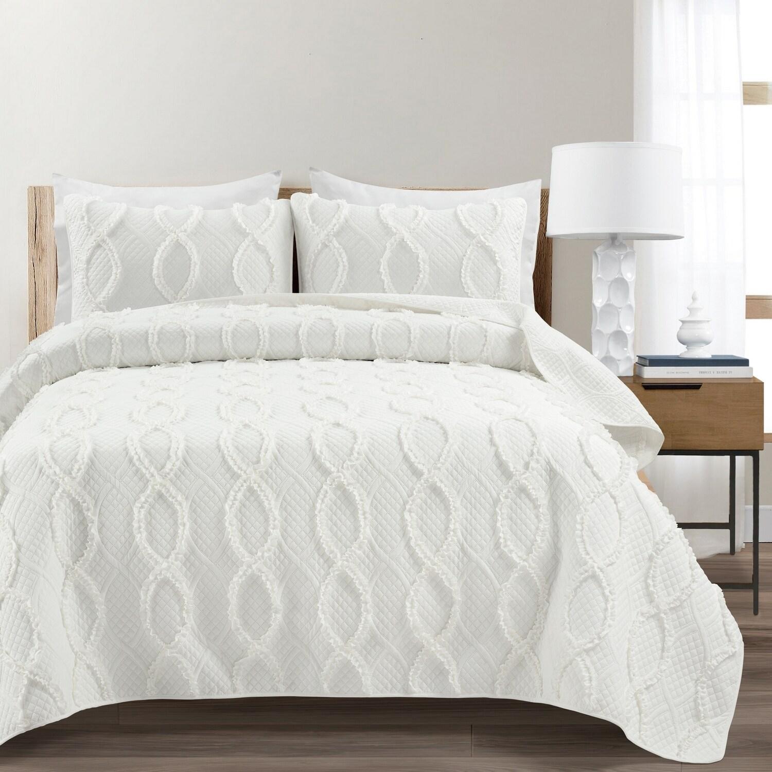 White Full Microfiber Textured Quilt Set