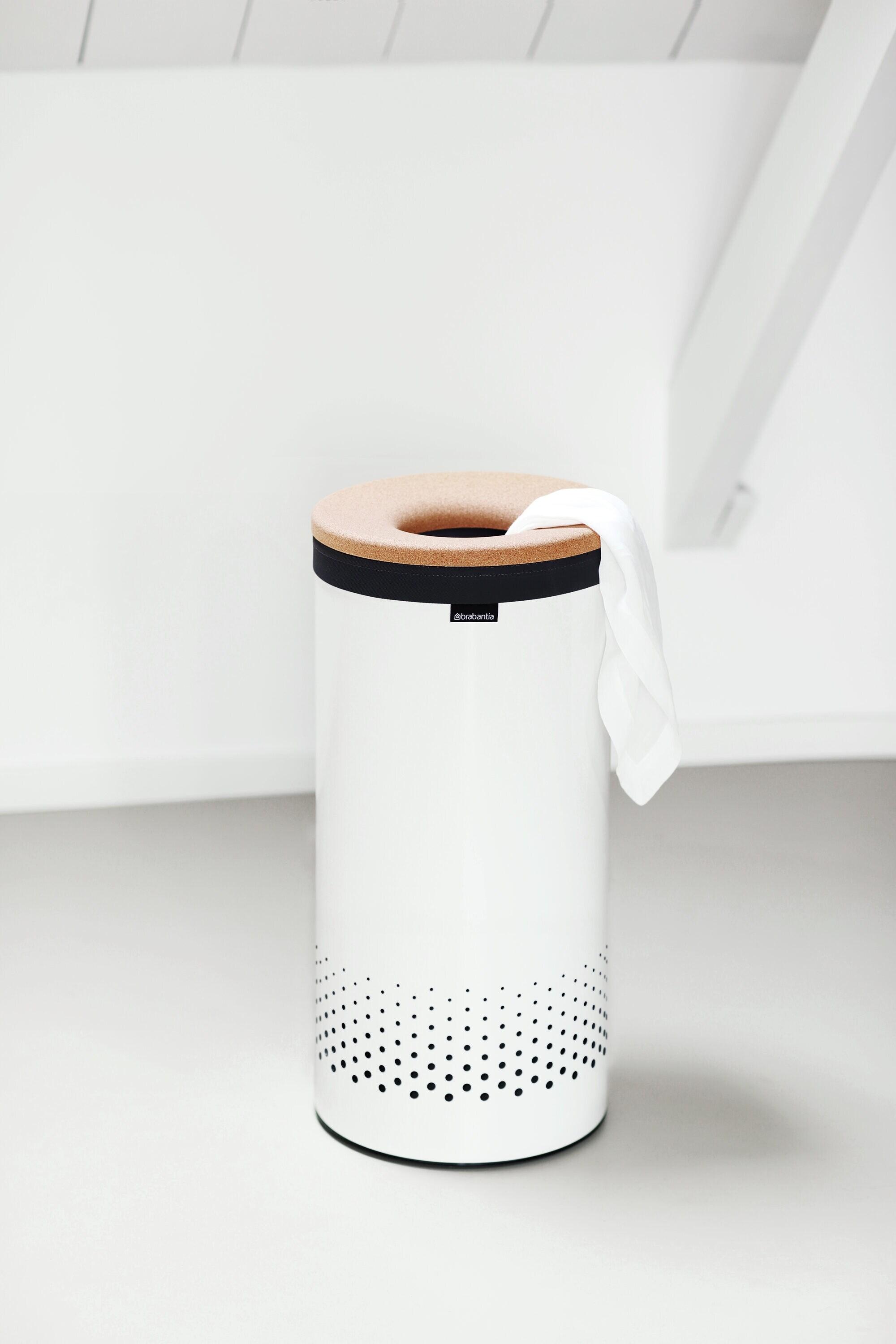 White Steel Upright Laundry Hamper with Cork Lid