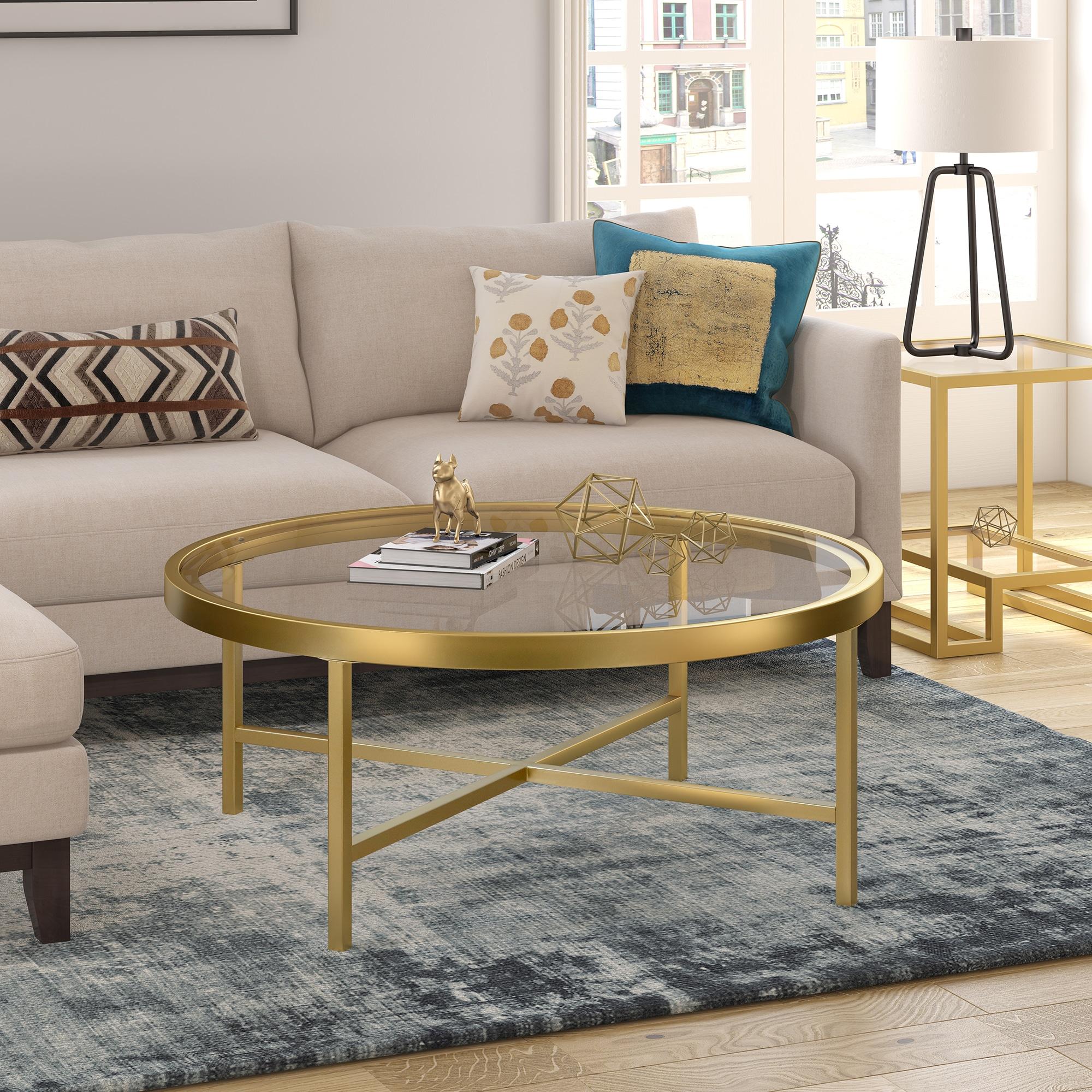 Evelyn&Zoe Round Metal Base Coffee Table in Brass and Gold