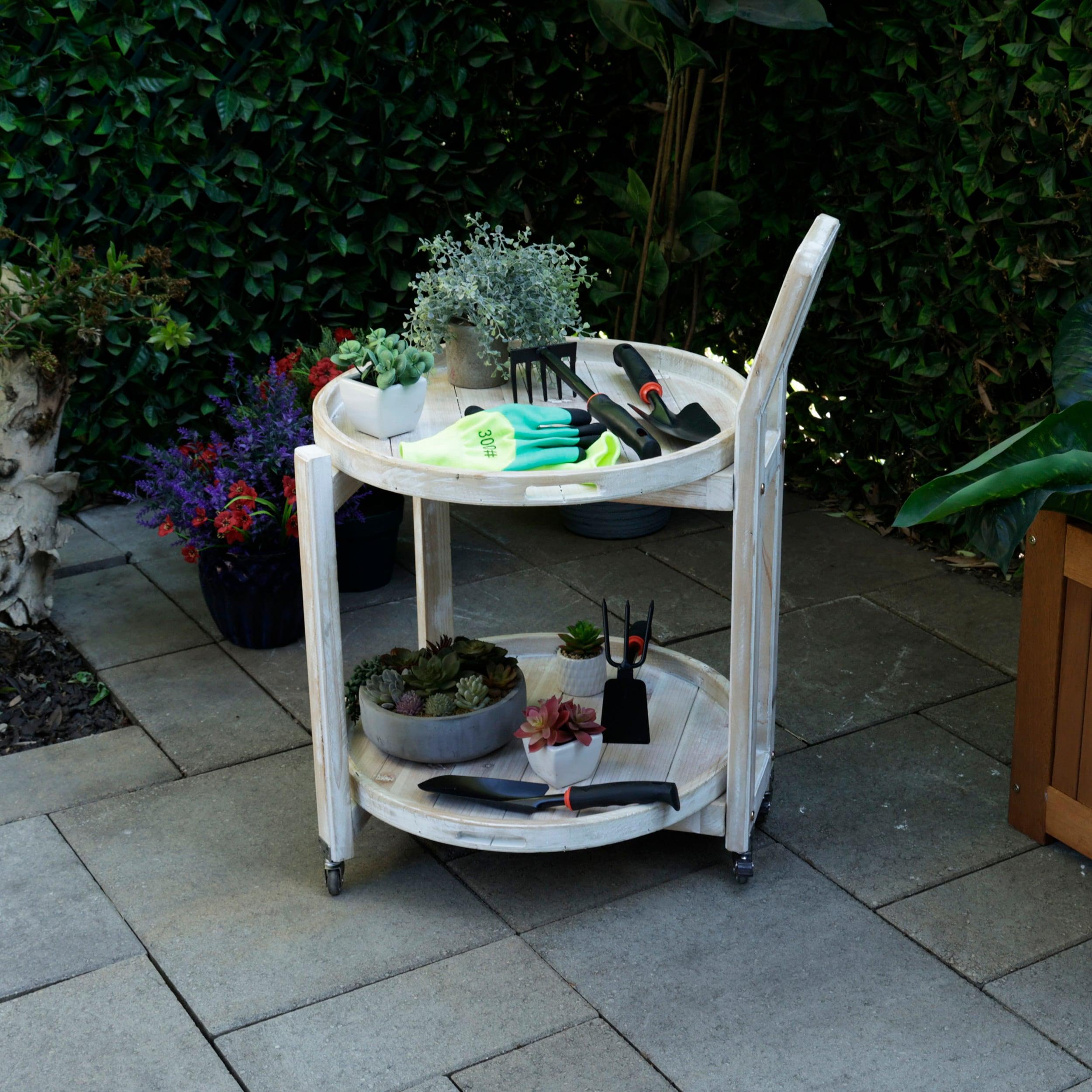 Alpine Corporation MBB172 Wood 2-Tier Rolling Storage Cart for Books, Plants, Decor, Rustic Storage Push Cart with 2 Shelves