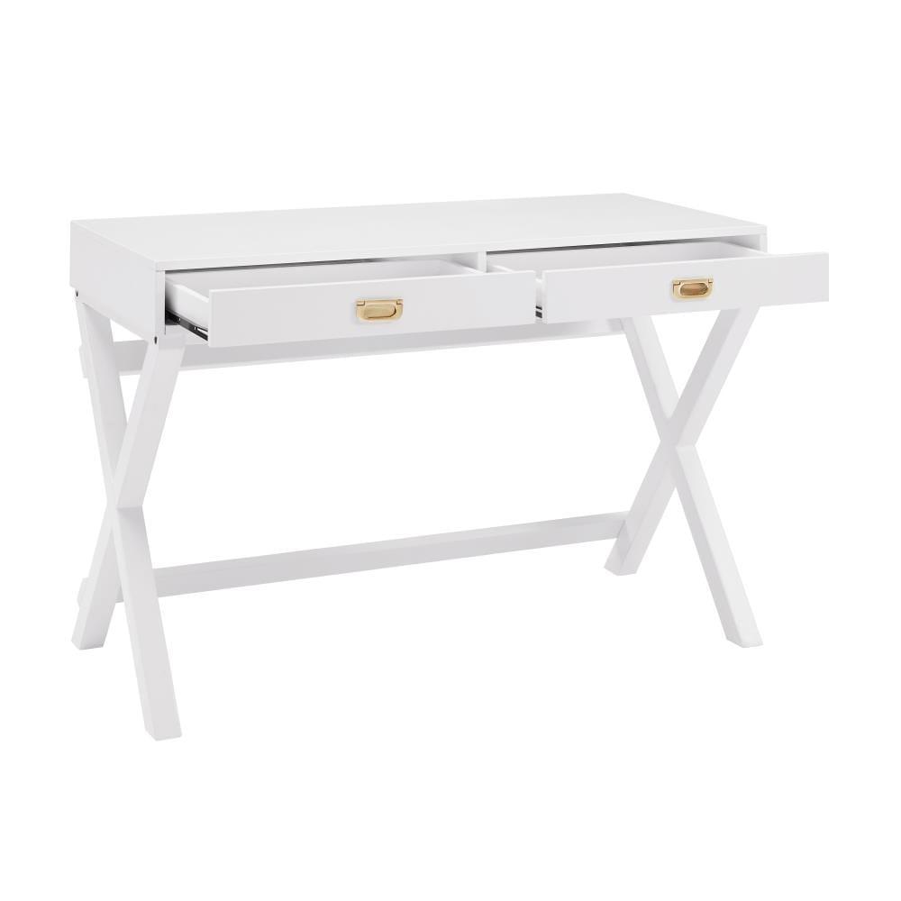 Linon Peggy Transitional Campaign Wood Writing Desk with Drawers White : Pine Frame, MDF Surface, Metal Hardware