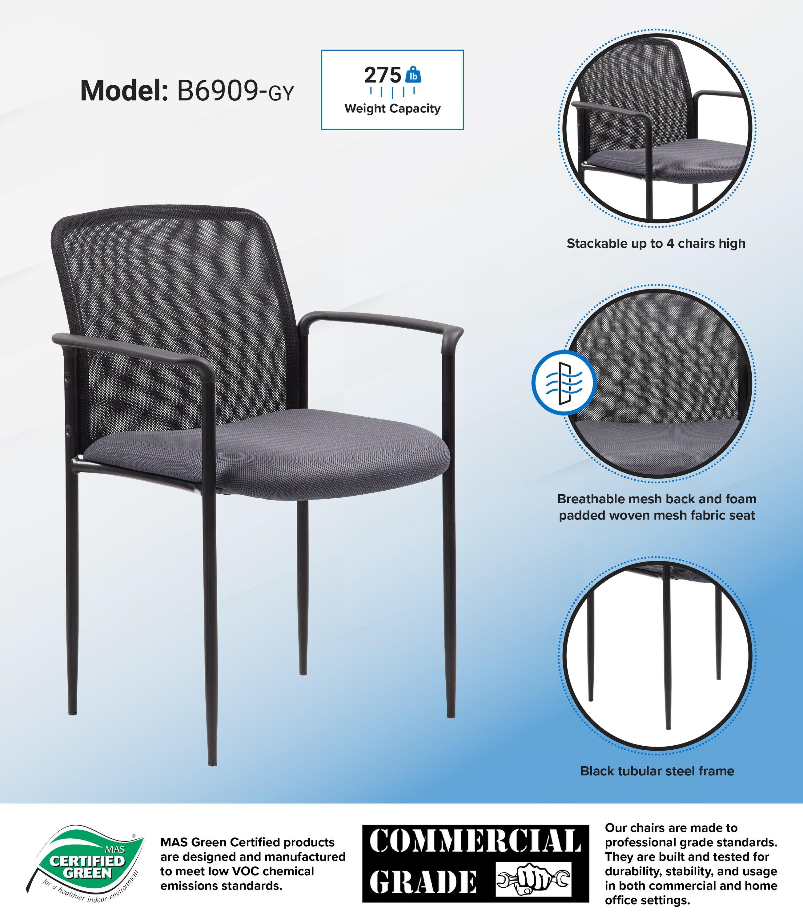 Boss Office Products Office Chair - Gray: Mesh Upholstered, Fixed Arms, Steel Legs, 275 lb Capacity