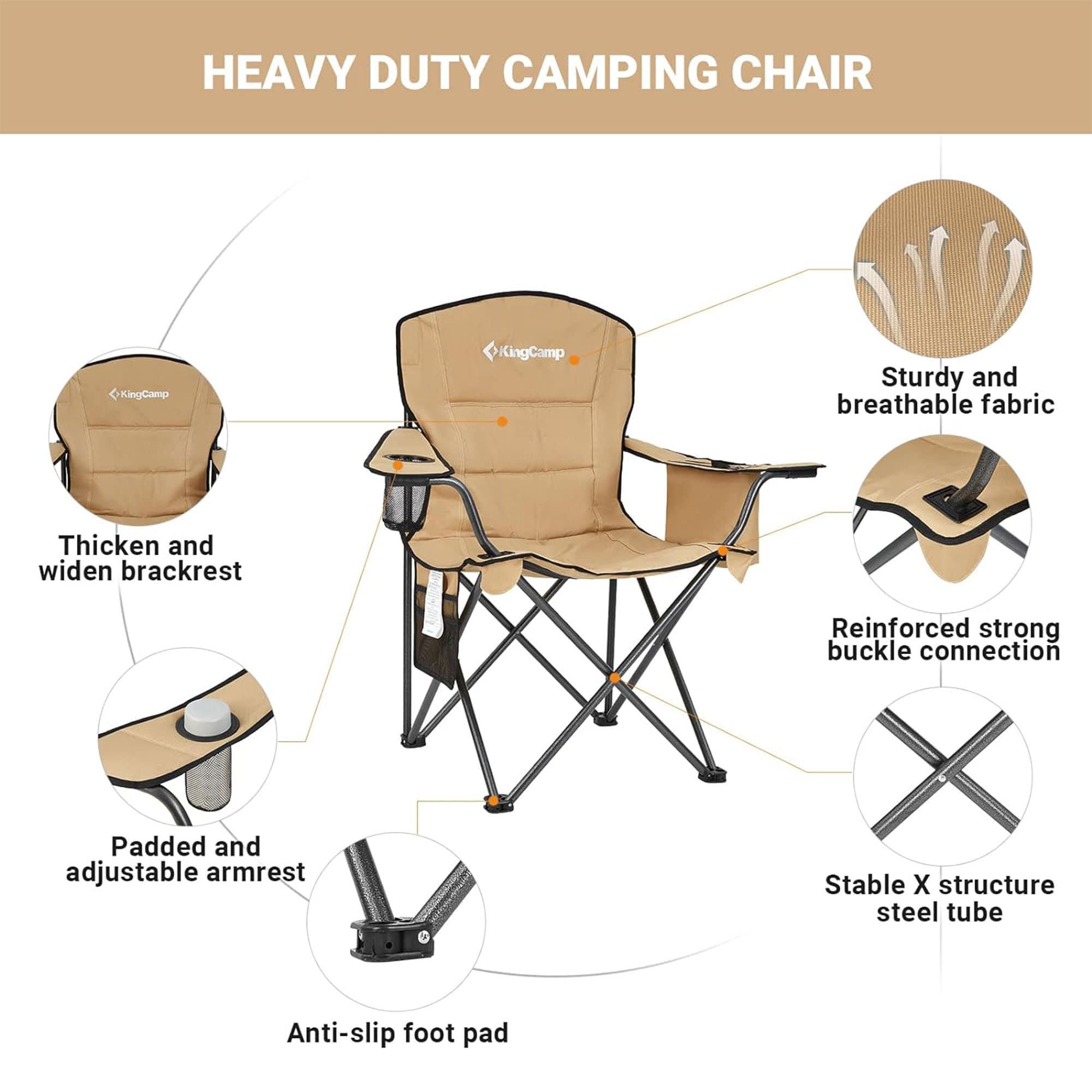 KingCamp Padded Portable Outdoor Folding Lounge Chairs with Built-In Cupholder, Insulated Cooler Sleeve, and Side Storage Pocket, Khaki (2 Pack)