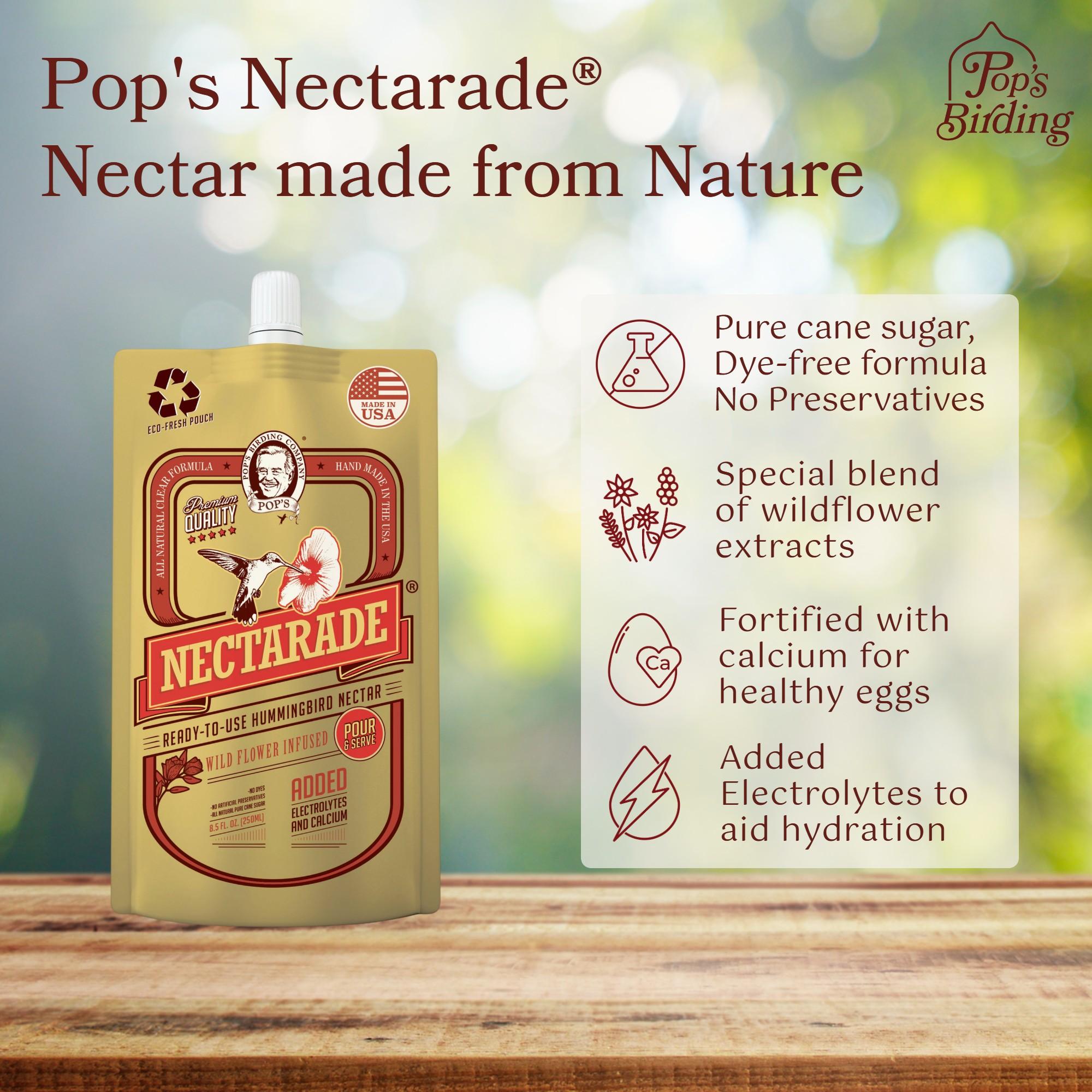 POP’S Nectarade Hummingbird Nectar Concentrate - Delicious & Sweet Hummingbird Food Made in The USA - Natural Ingredients & Dye Free(Ready to Use, All Natural Clear Formula, 8.5 oz)