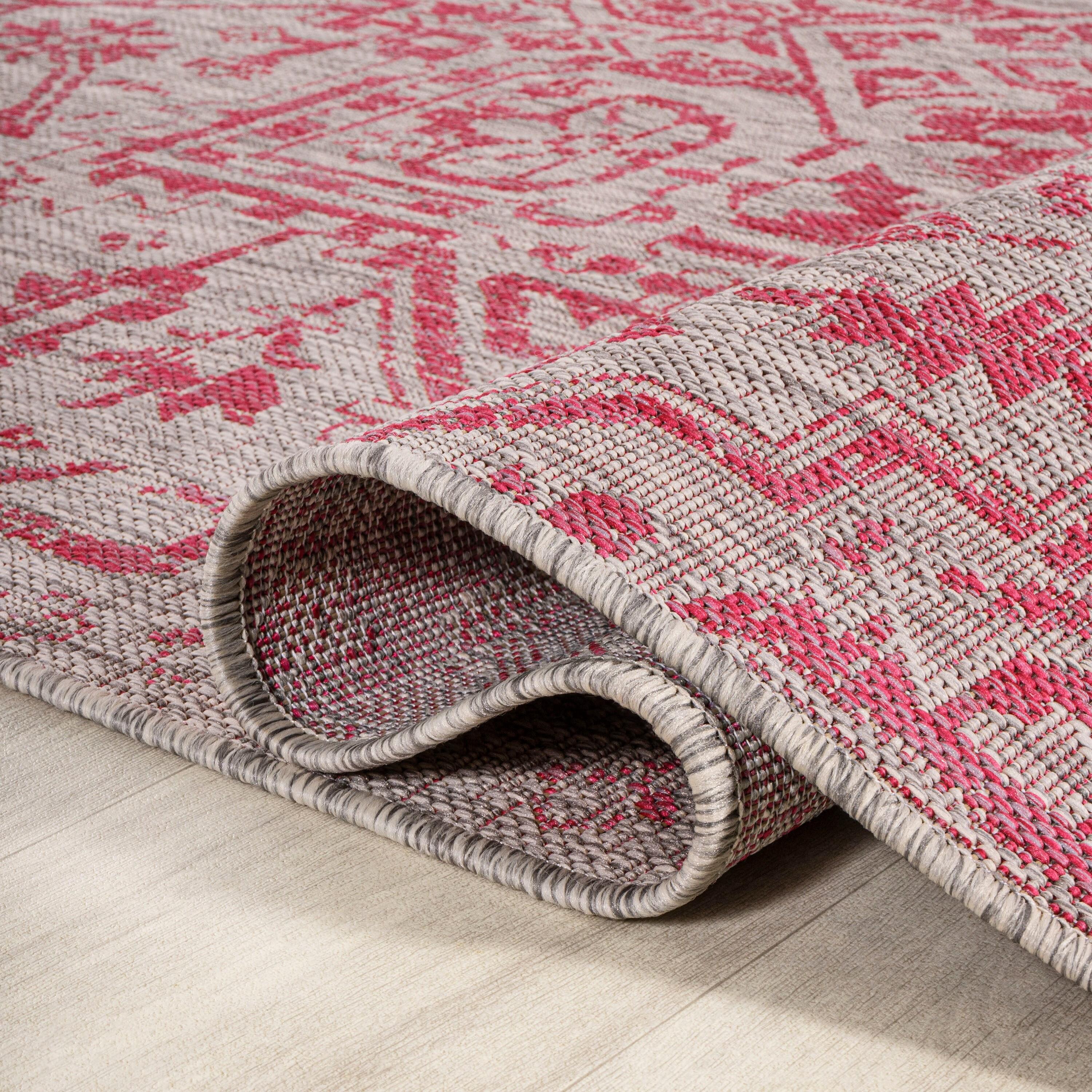 4' x 6' Estrella Bohemian Medallion Textured Weave Indoor/Outdoor Area Rug, Light Gray/Fuchsia - JONATHAN Y