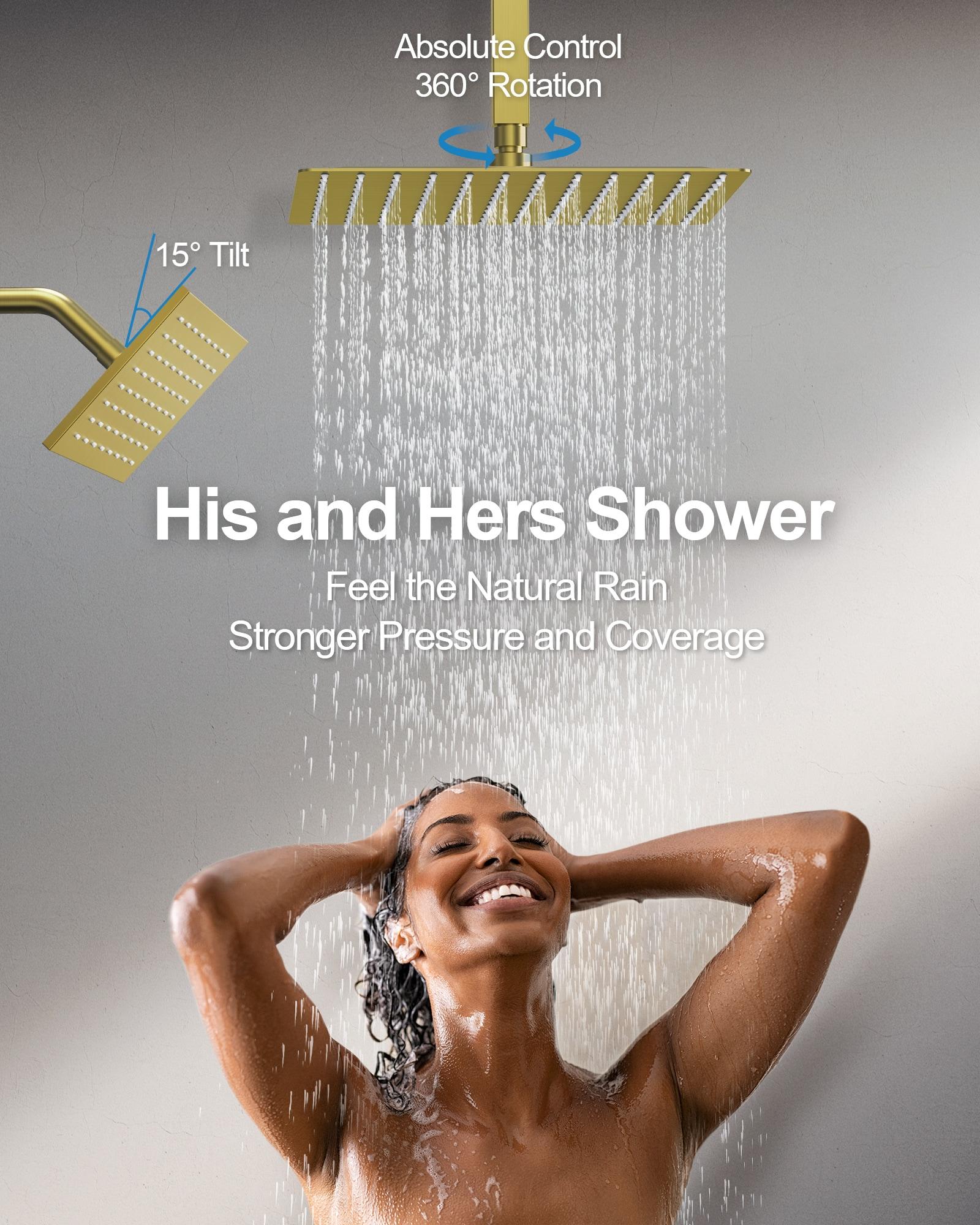 GRANDJOY Dual Wall Mount Rainfall Shower Head System Adjustable 12 inch & 6 inch Shower Faucet Set with Handheld Shower Spray Thermostatic Pressure Balance Value, Brushed Gold