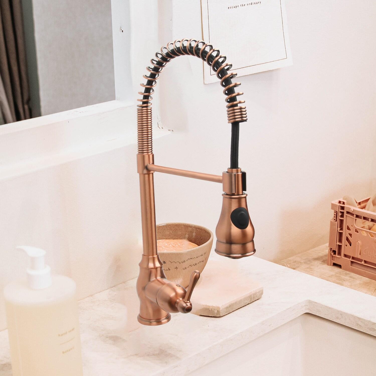 Akicon Pre-Rinse Spring Kitchen Faucet, Single Level with Pull Down Sprayer Copper Copper Finish