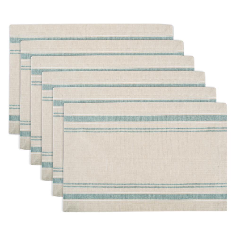 DII French Stripe Placemat Set 6 Piece, Taupe/Teal, 13x19"