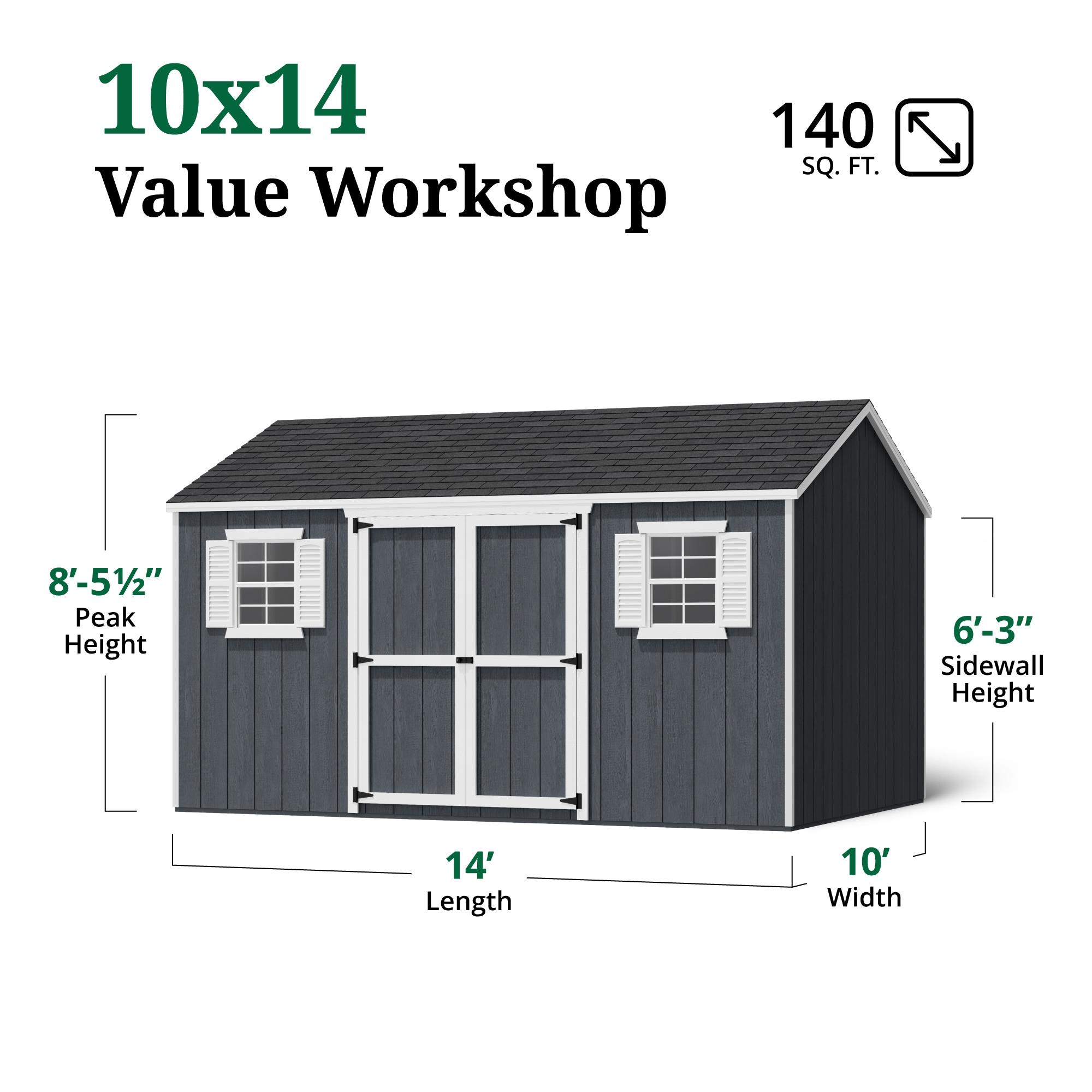 Little Cottage Co. 10x14 Value Workshop Shed with Operable Windows and Floor, Outdoor Wood Storage Do-It-Yourself Precut Kit