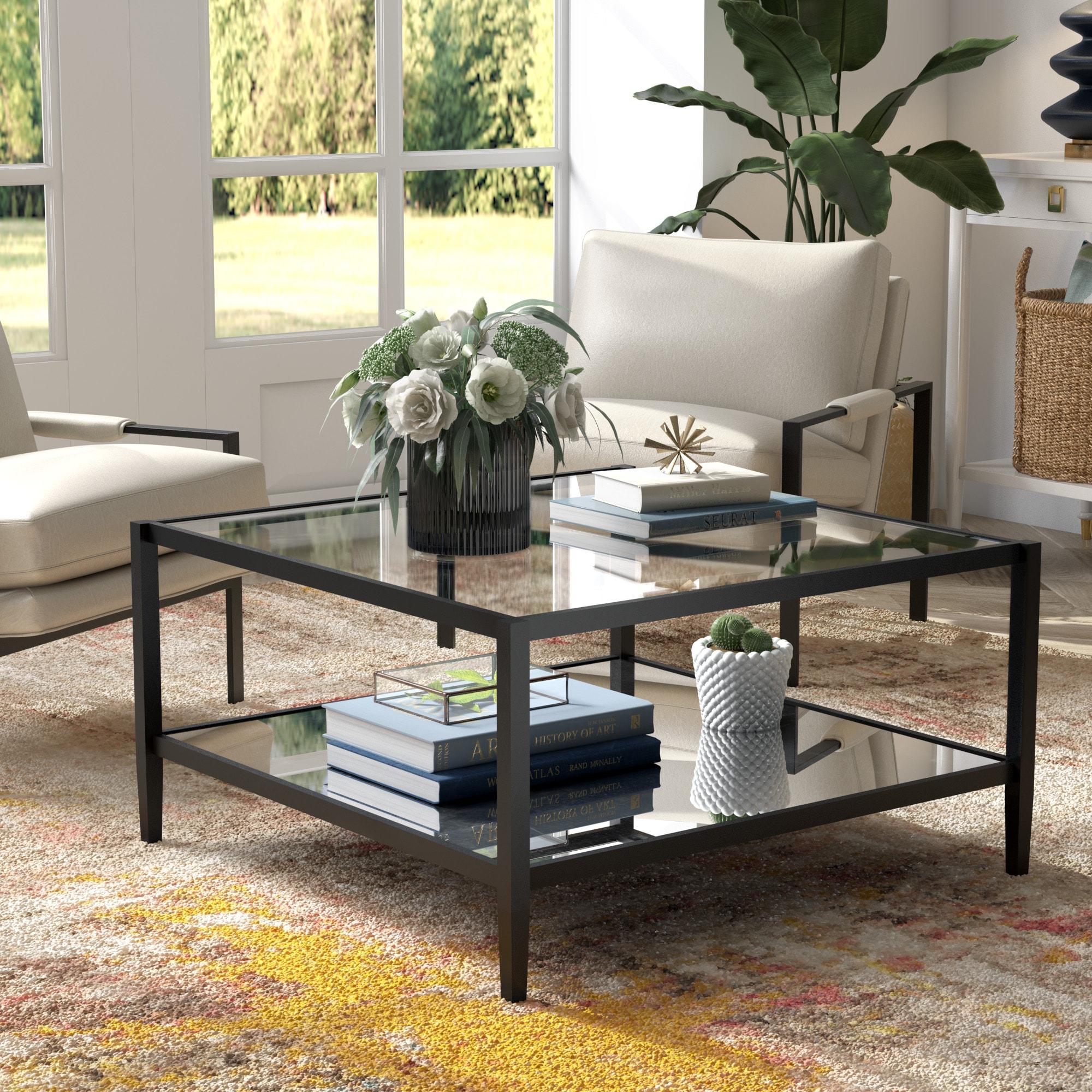 Evelyn&Zoe Hera 32" Wide Square Coffee Table with Mirror Shelf in Blackened Bronze