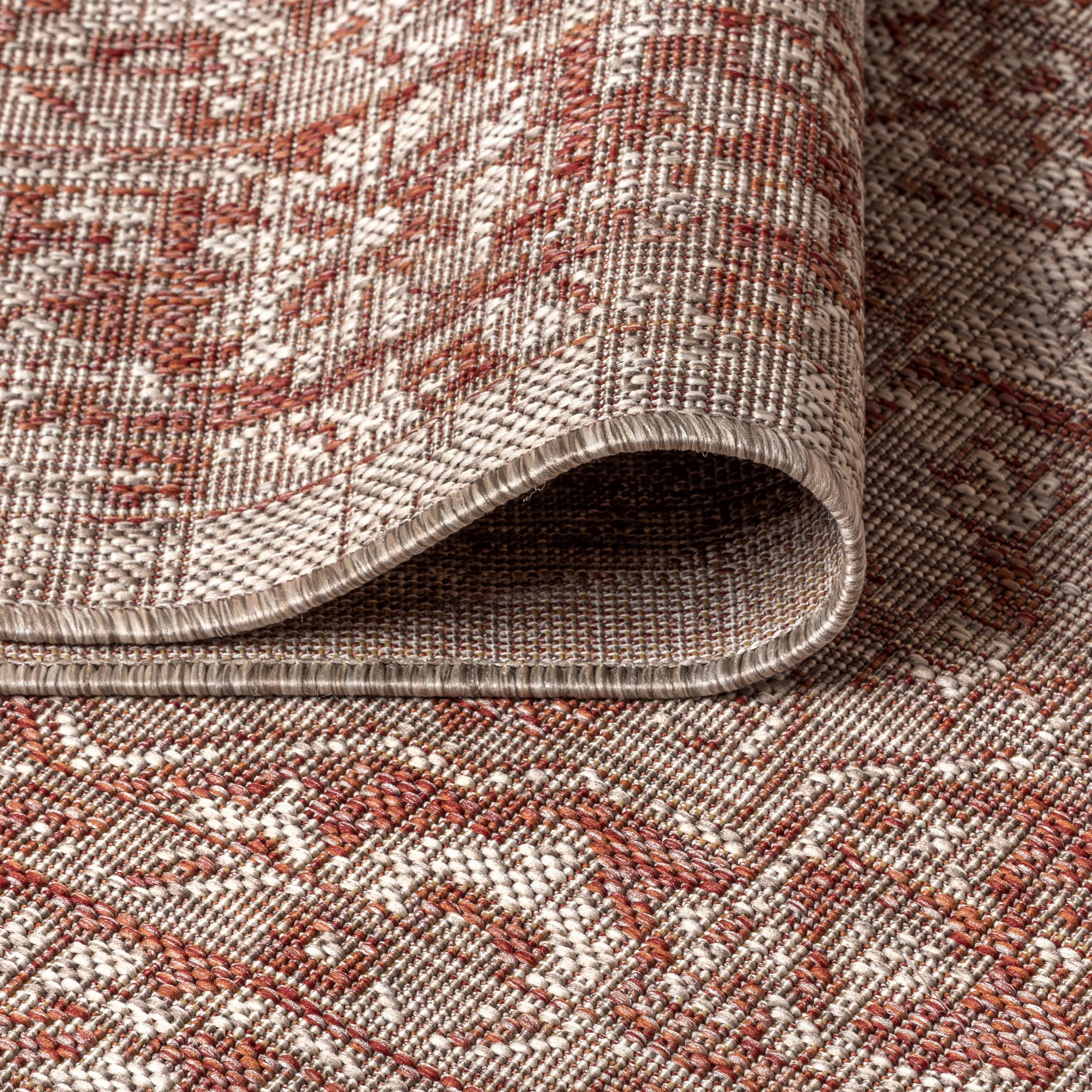 5' Square Rozetta Boho Medallion Textured Weave Indoor/Outdoor Area Rug, Red/Taupe - JONATHAN Y
