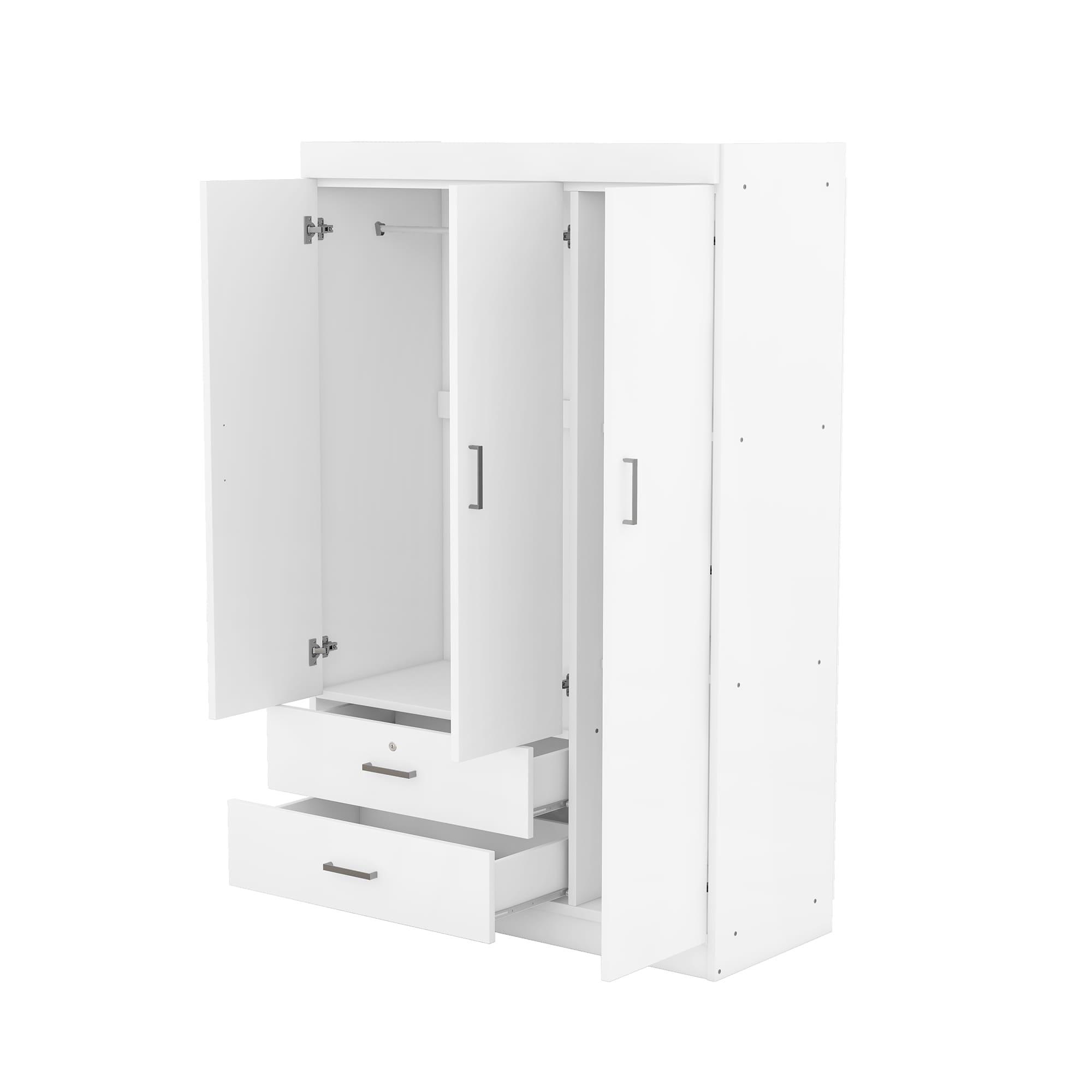 Harper & Bright Designs Large 3 Doors Wardrobe Closet with 2 Drawer and Hanging Rail, Bedroom Clothes Storage Cabinet Organizer, White