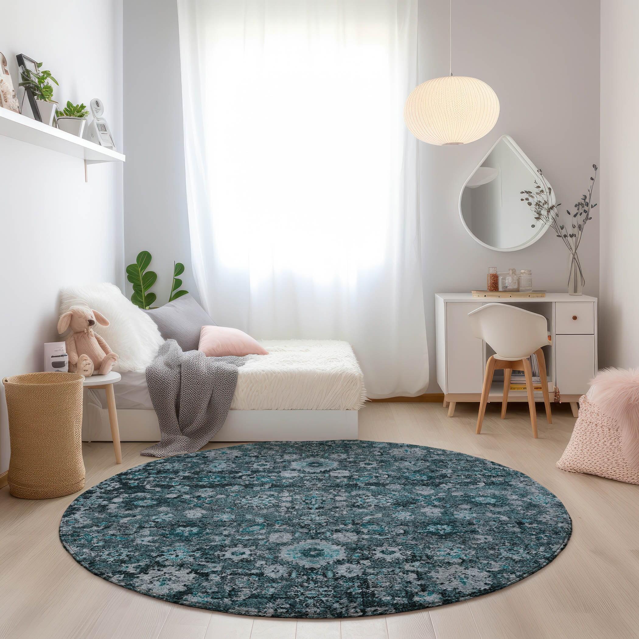Teal and Gray Round Machine-Washable Synthetic Rug
