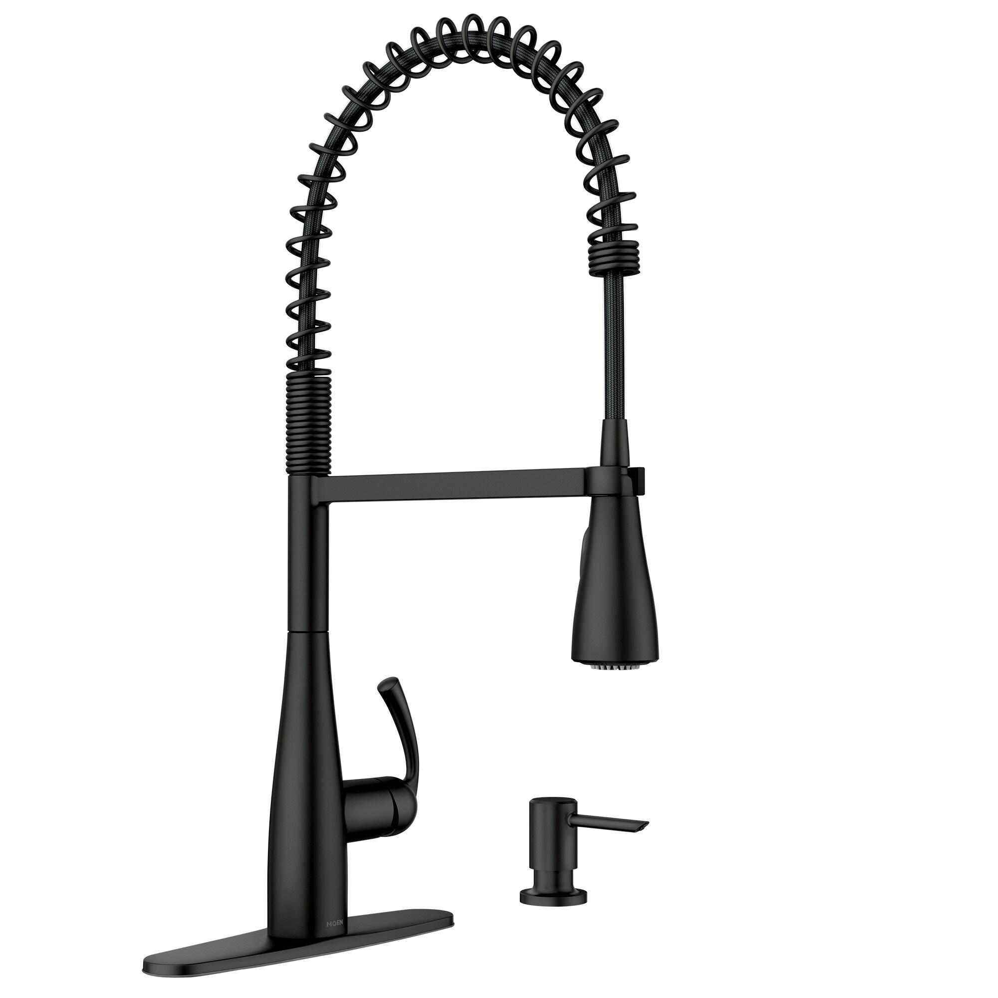 Moen Essie Pre-Rinse Spring Pull Down Single Handle Kitchen Faucet with Power Clean Technology and Soap Dispenser