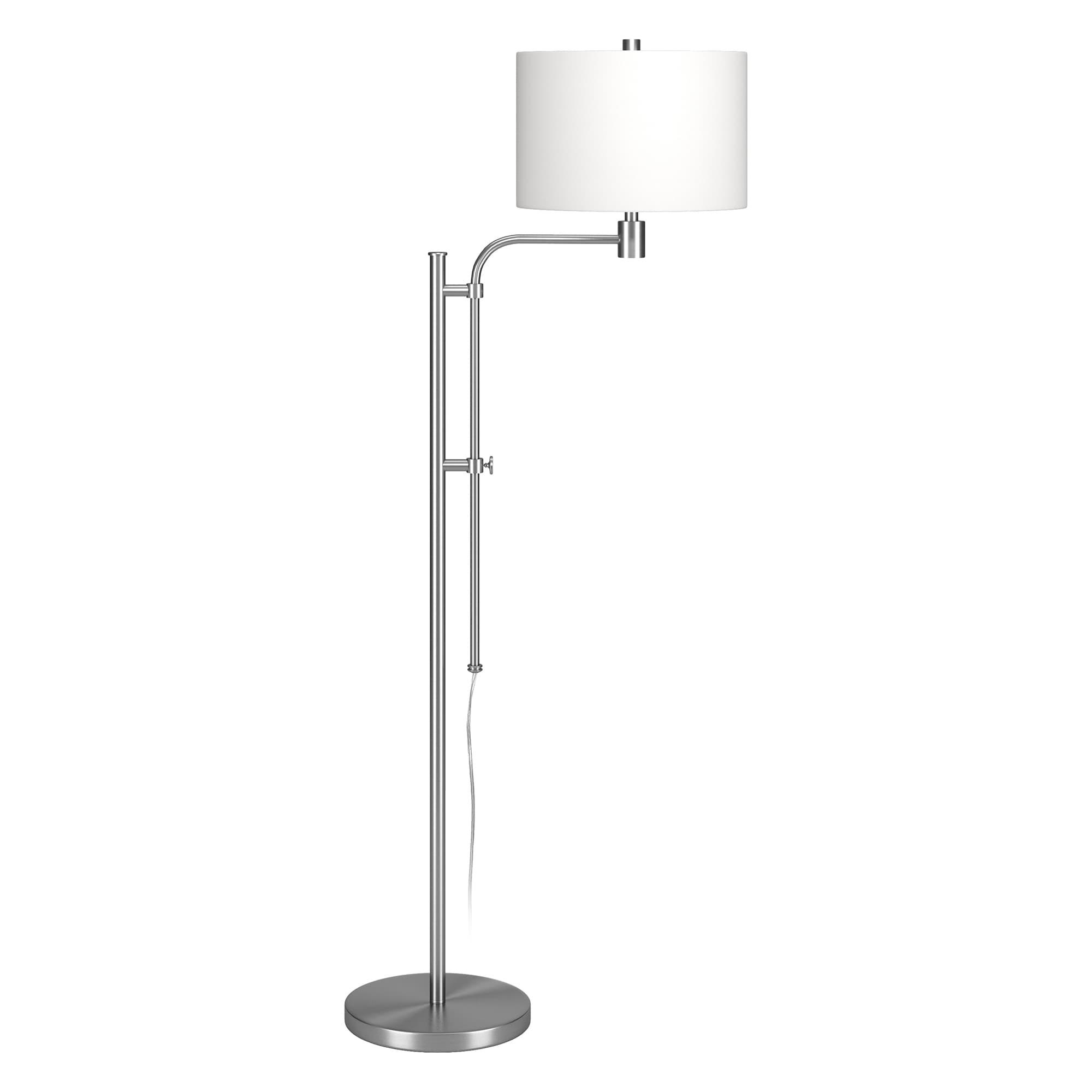 Evelyn&Zoe Polly Height-Adjustable Floor Lamp with Fabric Shade, Brushed Nickel/White