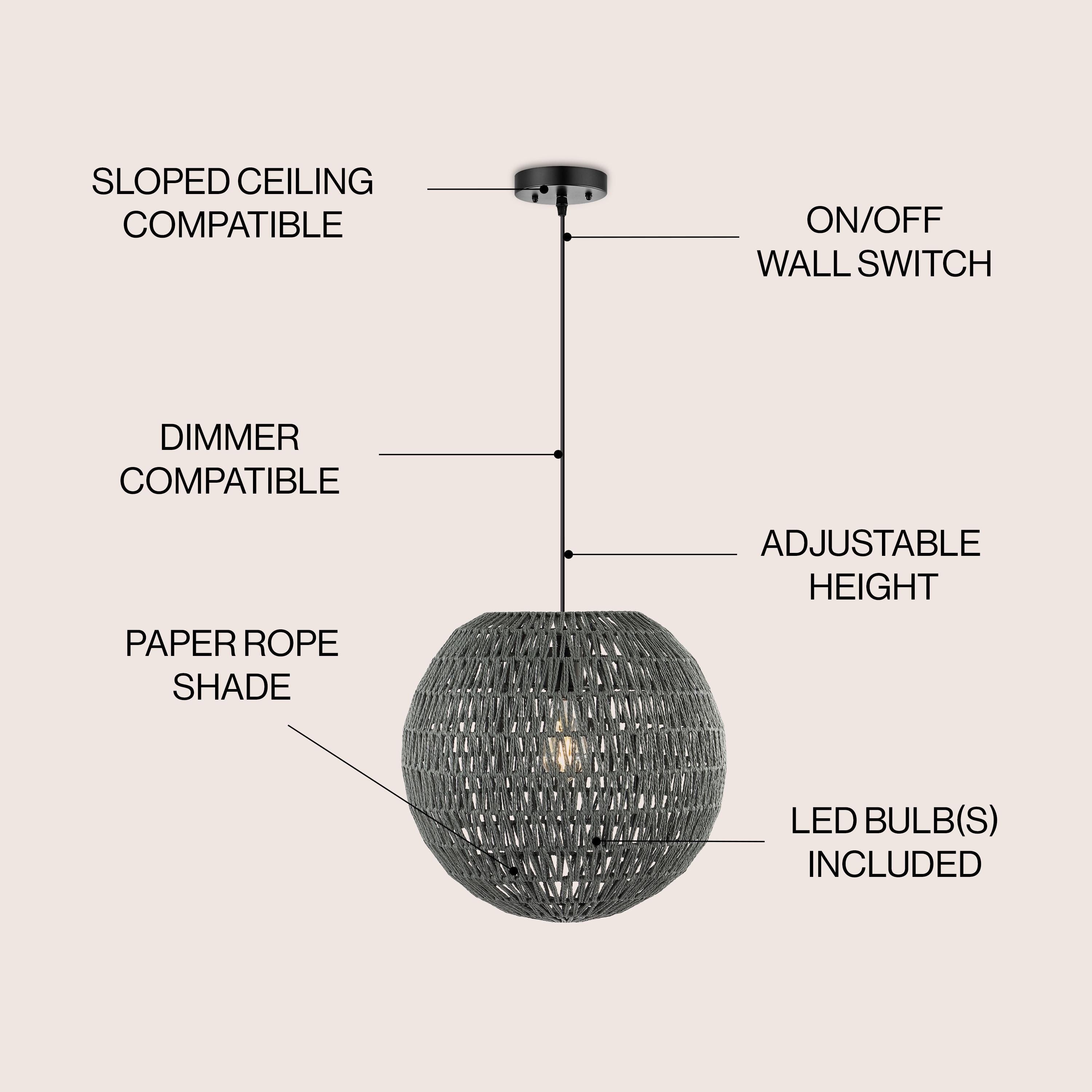 Luna 15.75" 1-Light Bohemian Modern Woven Rattan/Iron LED Pendant, Grey/Black