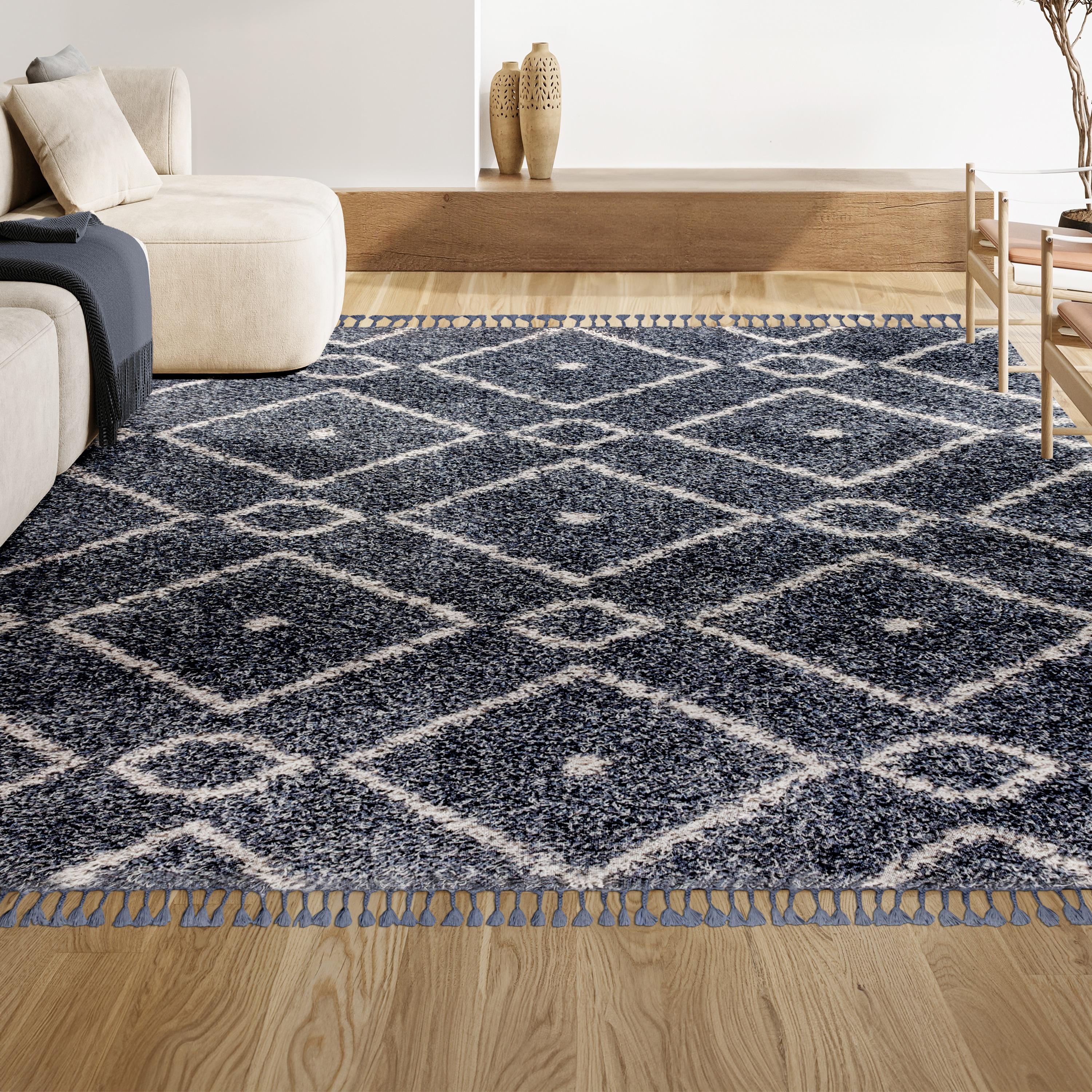 JONATHAN Y MCR105A-5 Mercer Shag Plush Tassel Moroccan Diamond Denim Blue/Cream 5 ft. x 8 ft. Area Rug, Shags Bohemian, Pet Friendly, Stain Resistant, Easy to Clean, for Living Room; Kitchen, Bedroom
