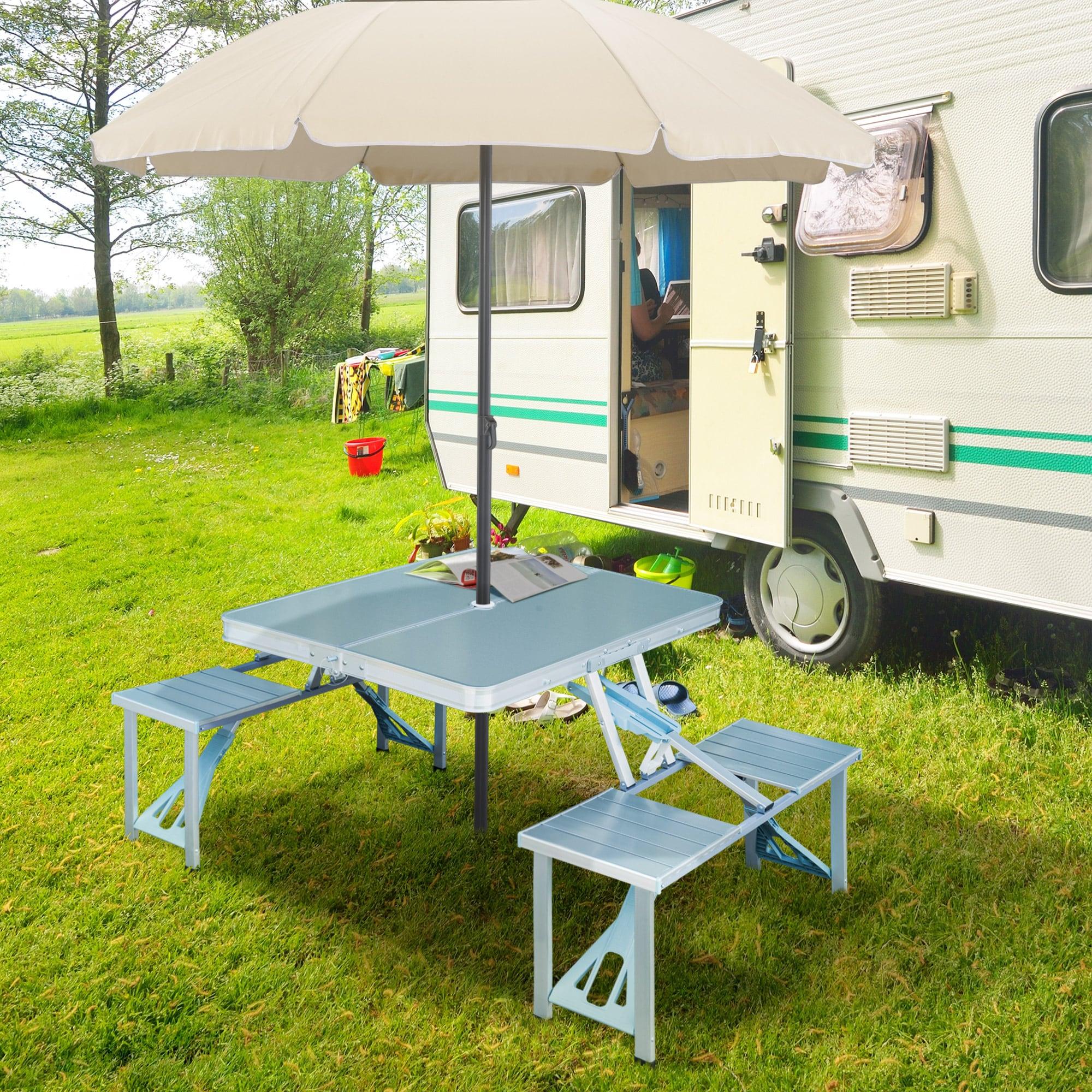 Silver Aluminum Folding Picnic Table with Benches and Umbrella Hole