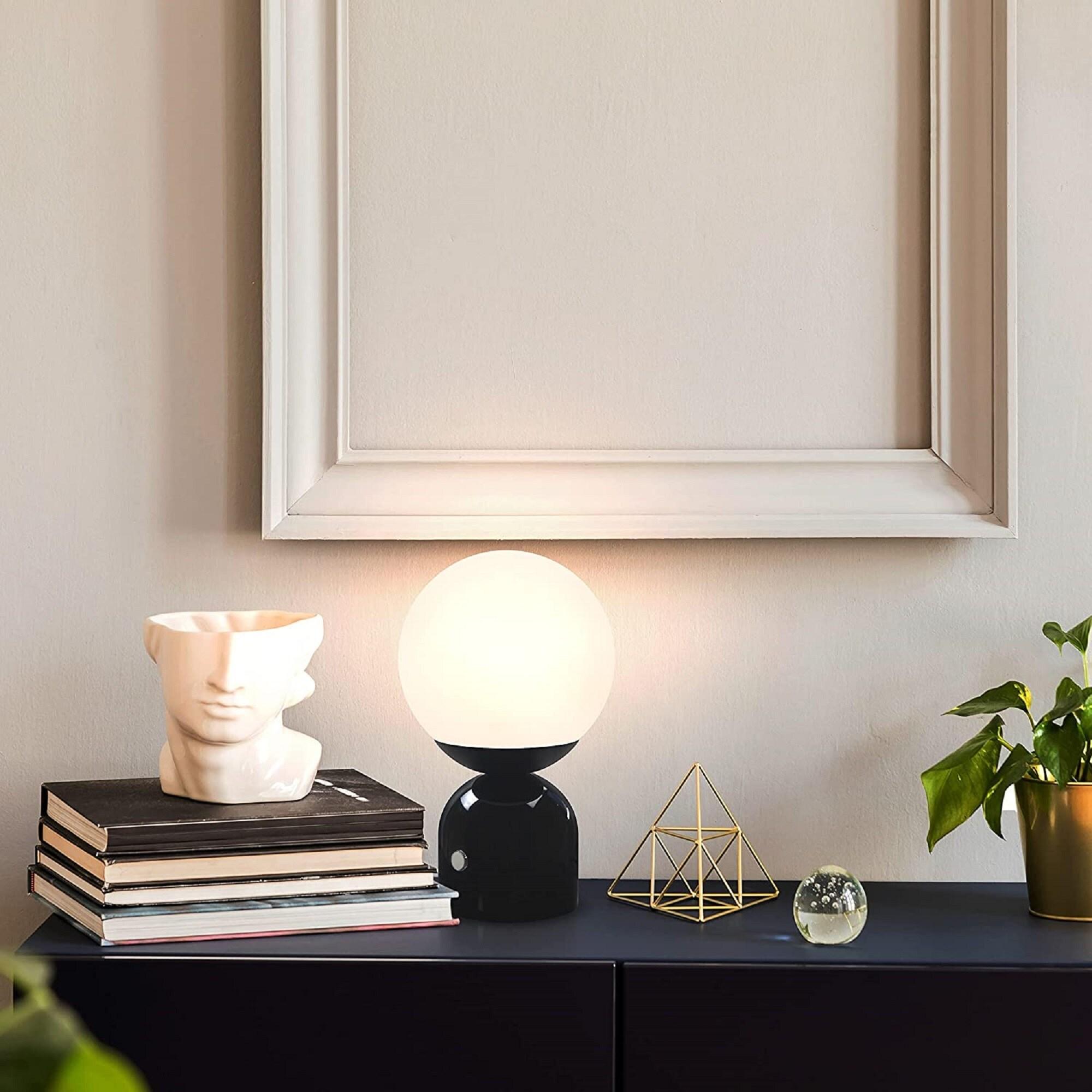 Brightech Mila 10" Modern LED Table Lamp with Black Marble Base and Frosted Globe Shade, 3-Way Dimming