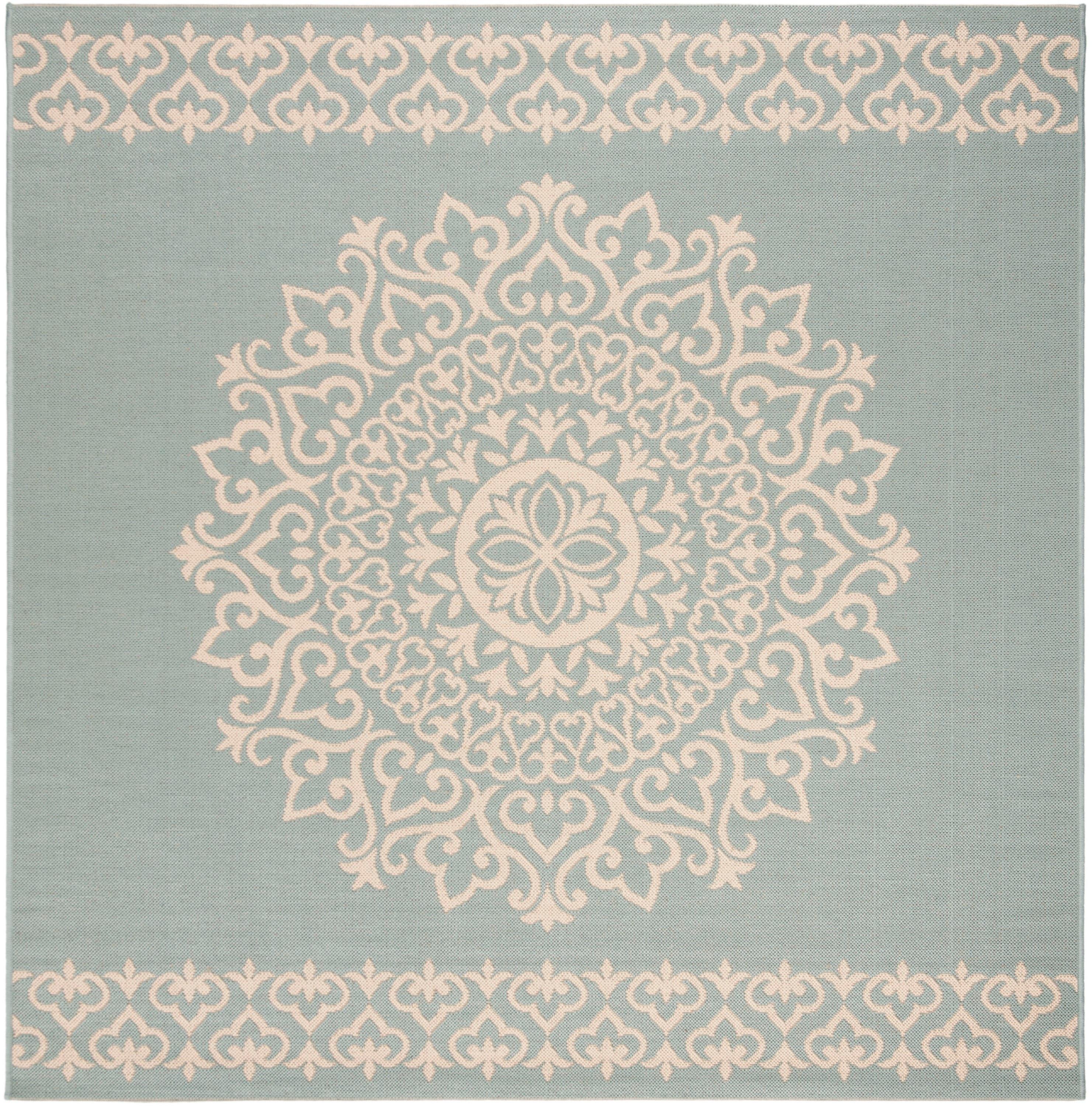 Beach House BHS183 POWER LOOMED Indoor/Outdoor Area Rug - Cream/Aqua - 4'x4' - Safavieh