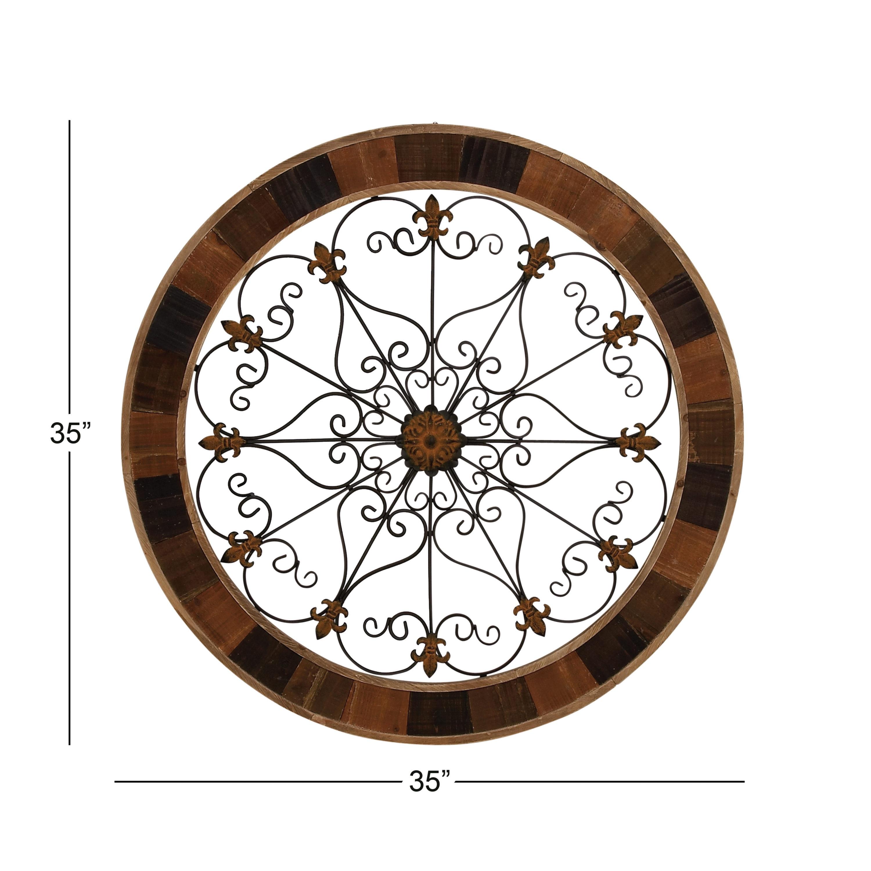 DecMode Brown Wood Arabesque Scroll Wall Decor with Metal Fleur De Lis Relief