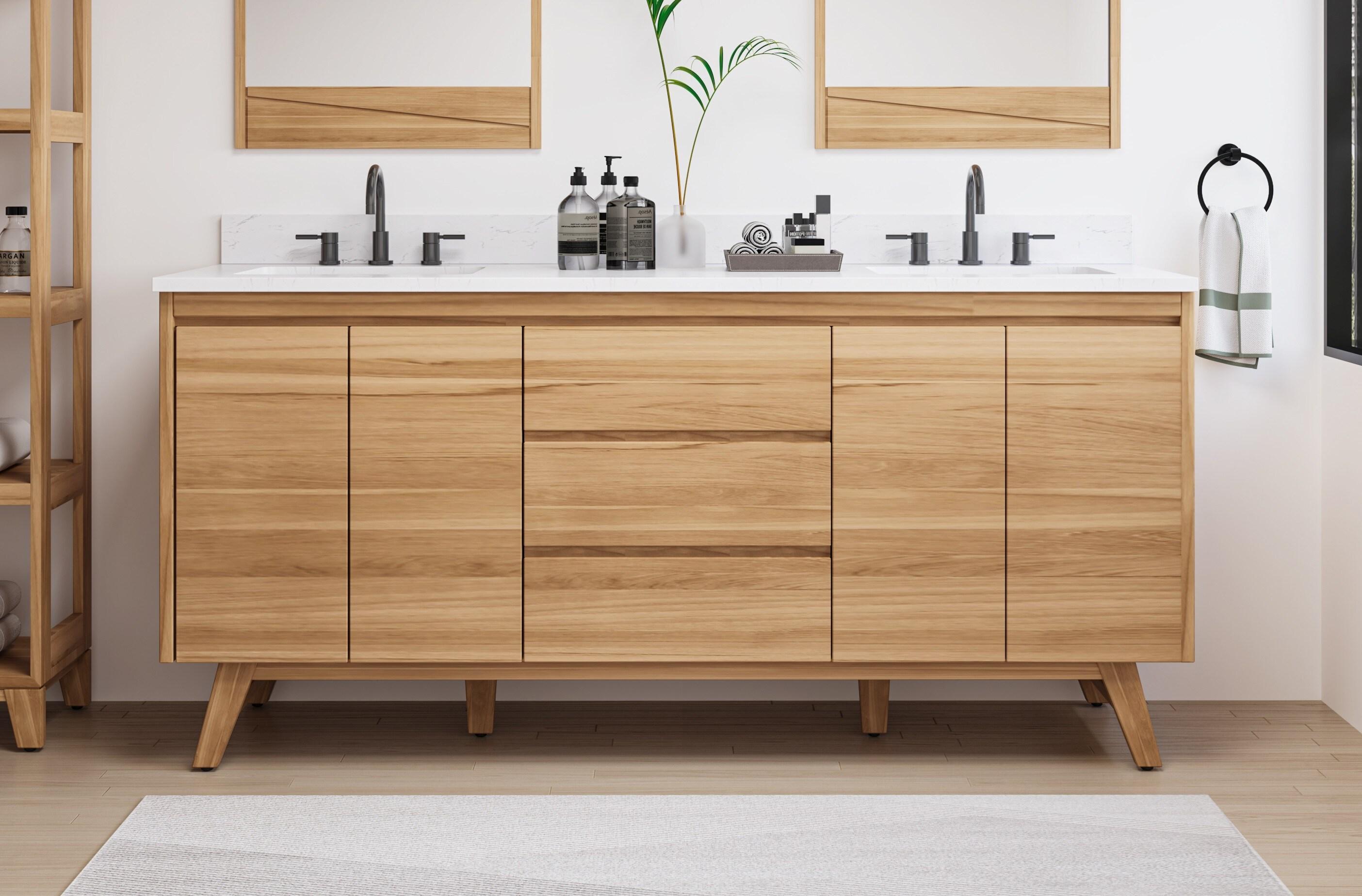 Coventry 73 in. Double Sink Bath Vanity in Natural Teak with Cala White Engineered Stone Top