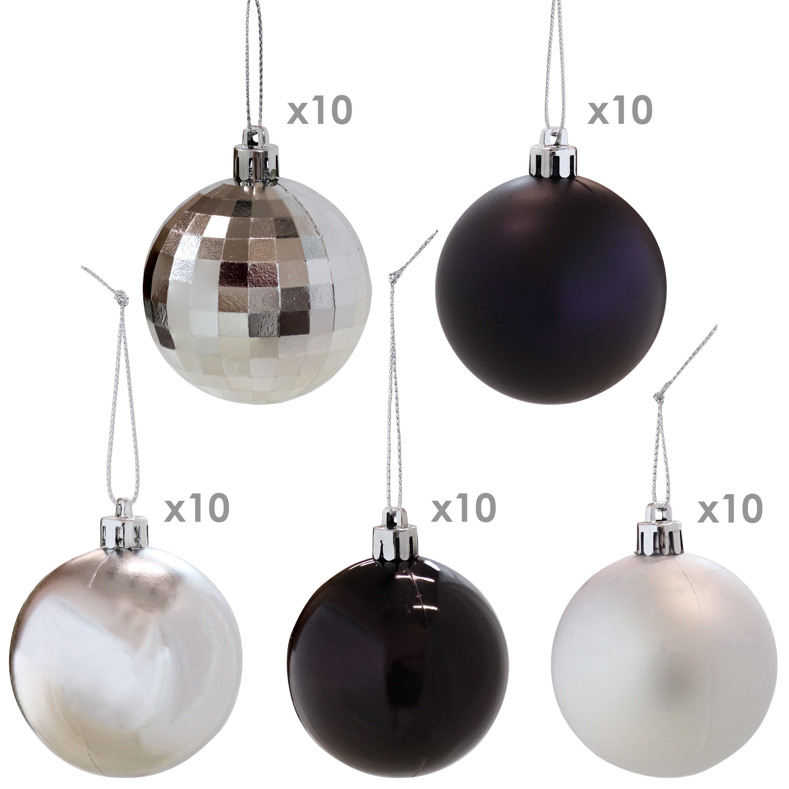 Sunnydaze Indoor Christmas Holiday Tree Shatterproof Bulb Ornaments with String - 63.5 mm - Black and Silver - 50pc