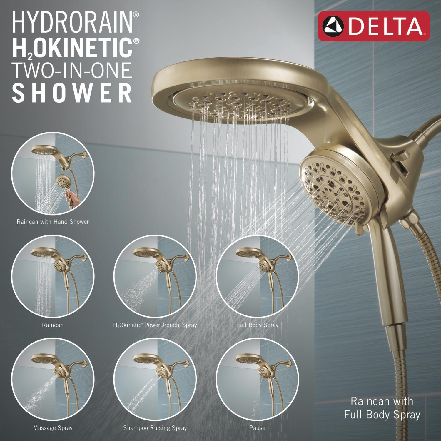 Hydrorain 5 Spray Dual Shower Head and Handheld Shower with Lumicoat and H2Okinetic 2.5 GPM
