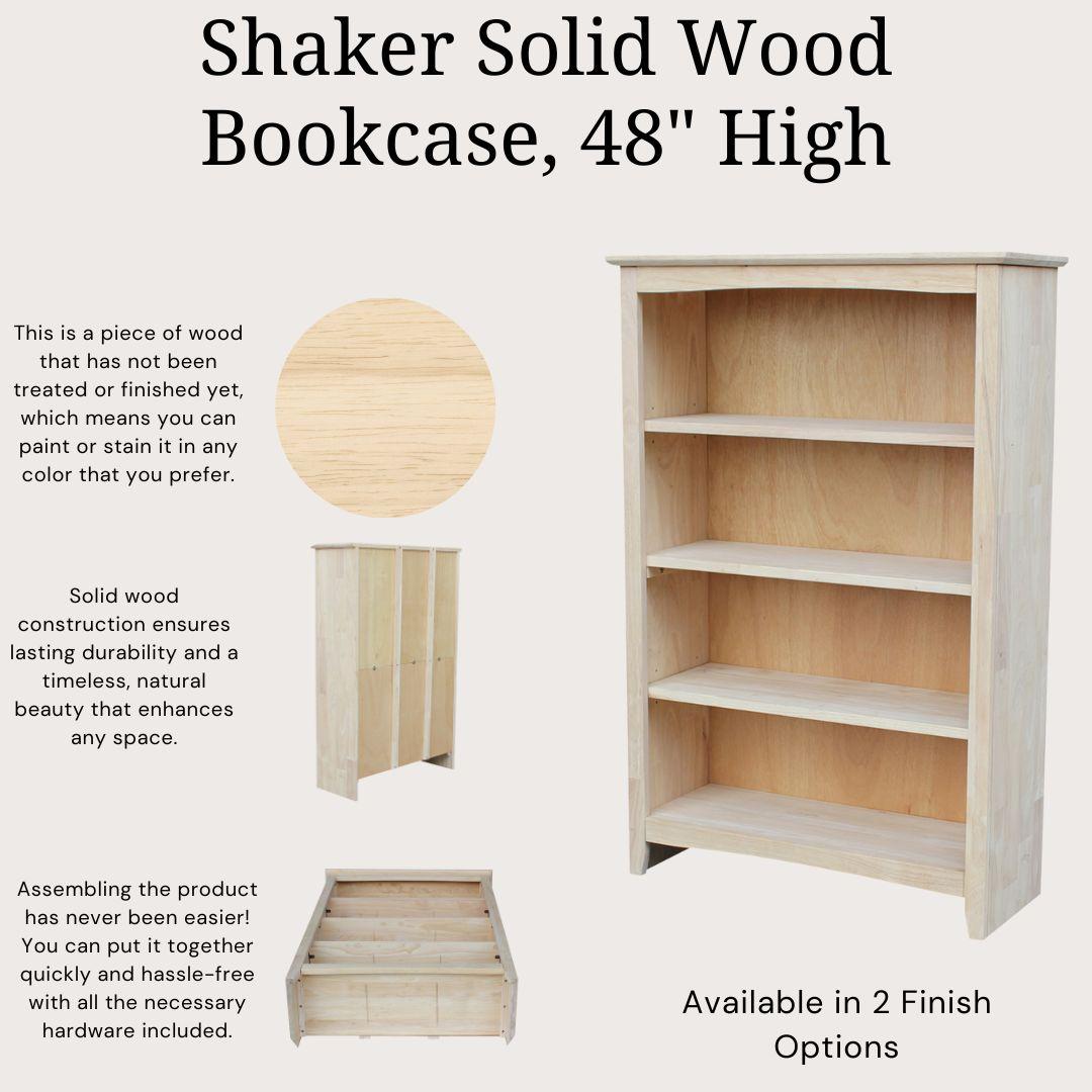 48" Shaker Bookshelf Unfinished - International Concepts: Solid Parawood, 4-Shelf Storage