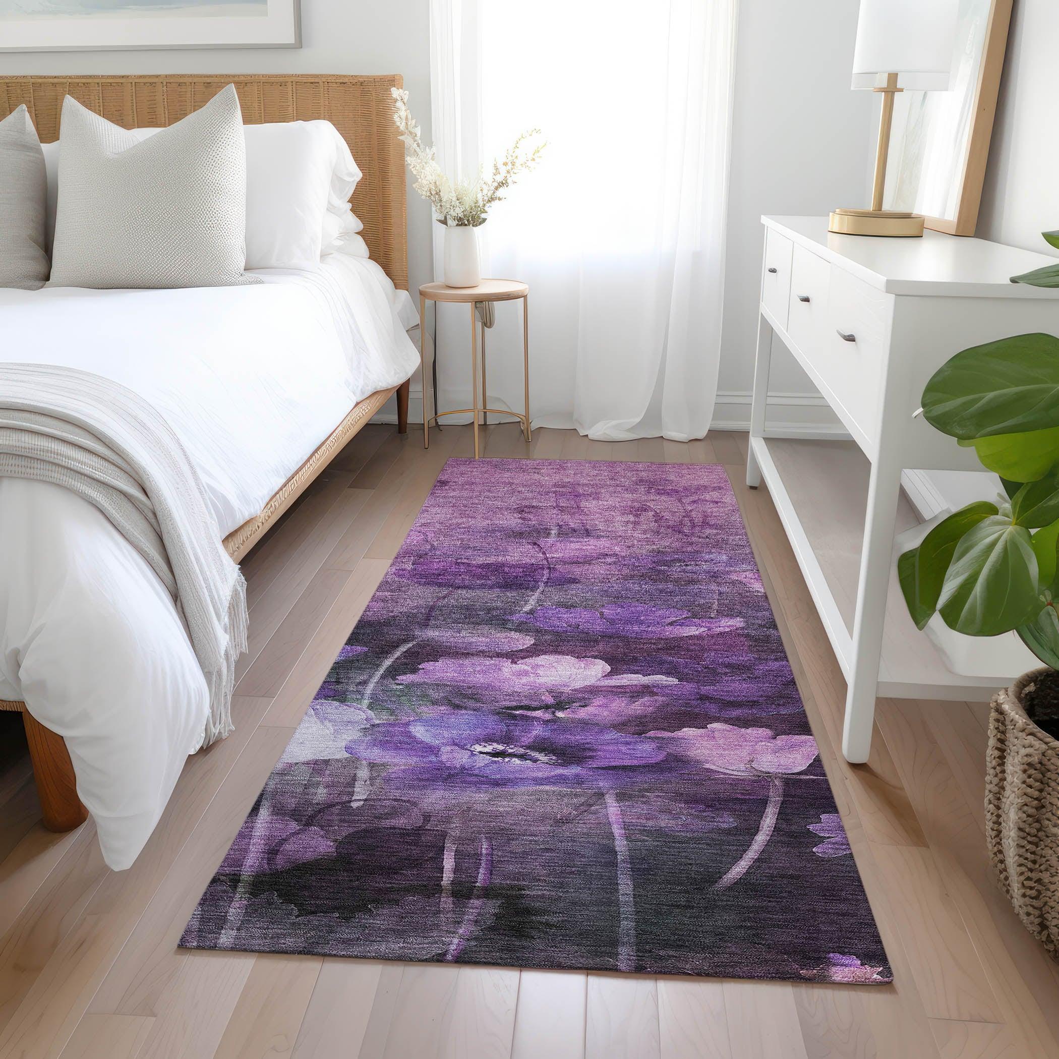 Addison Purple Floral Machine-Washable Runner Rug with Non-Slip Backing