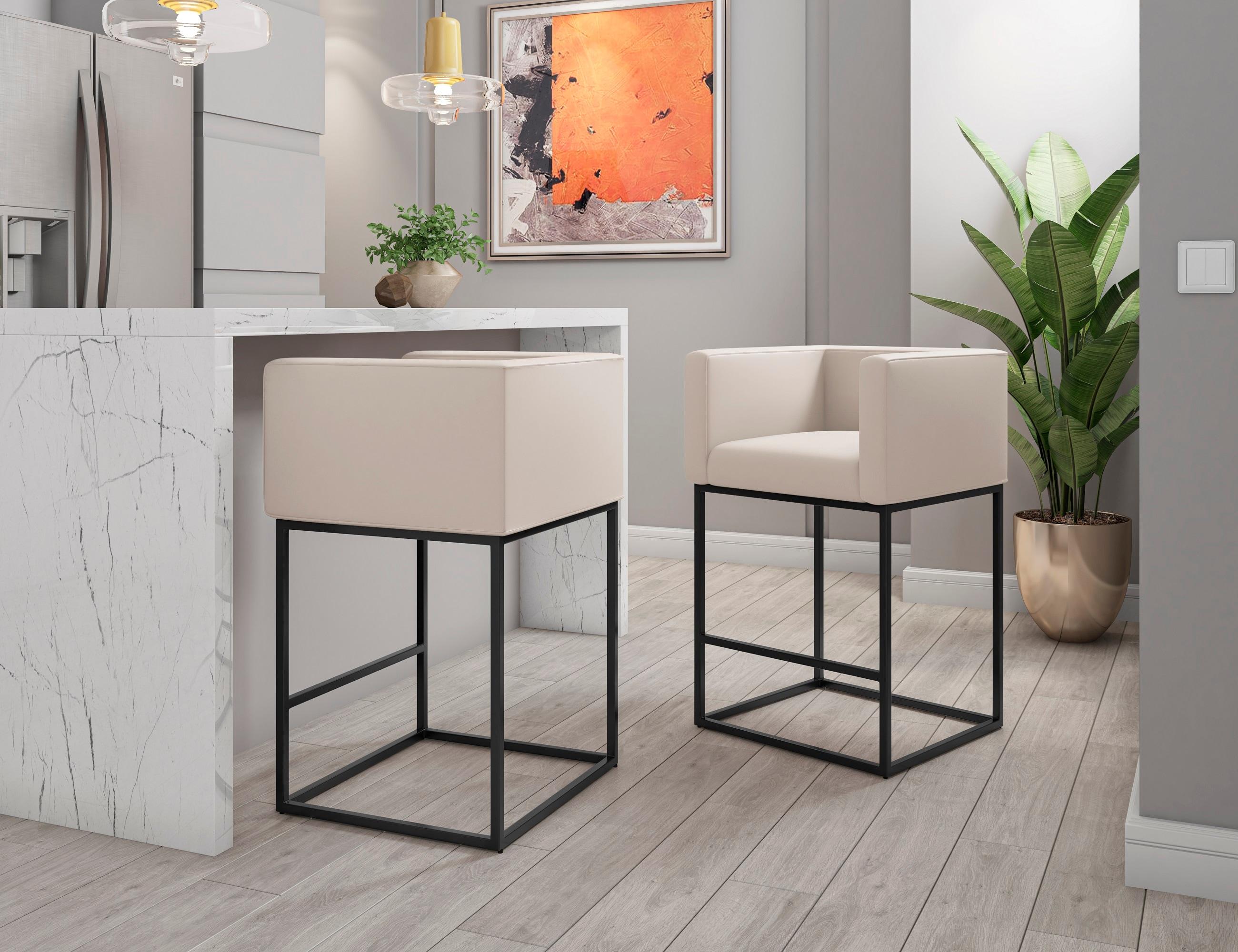 Embassy Metal Counter Height Barstool Cream: Manhattan Comfort, Faux Leather, Foam Padding, No Assembly Required