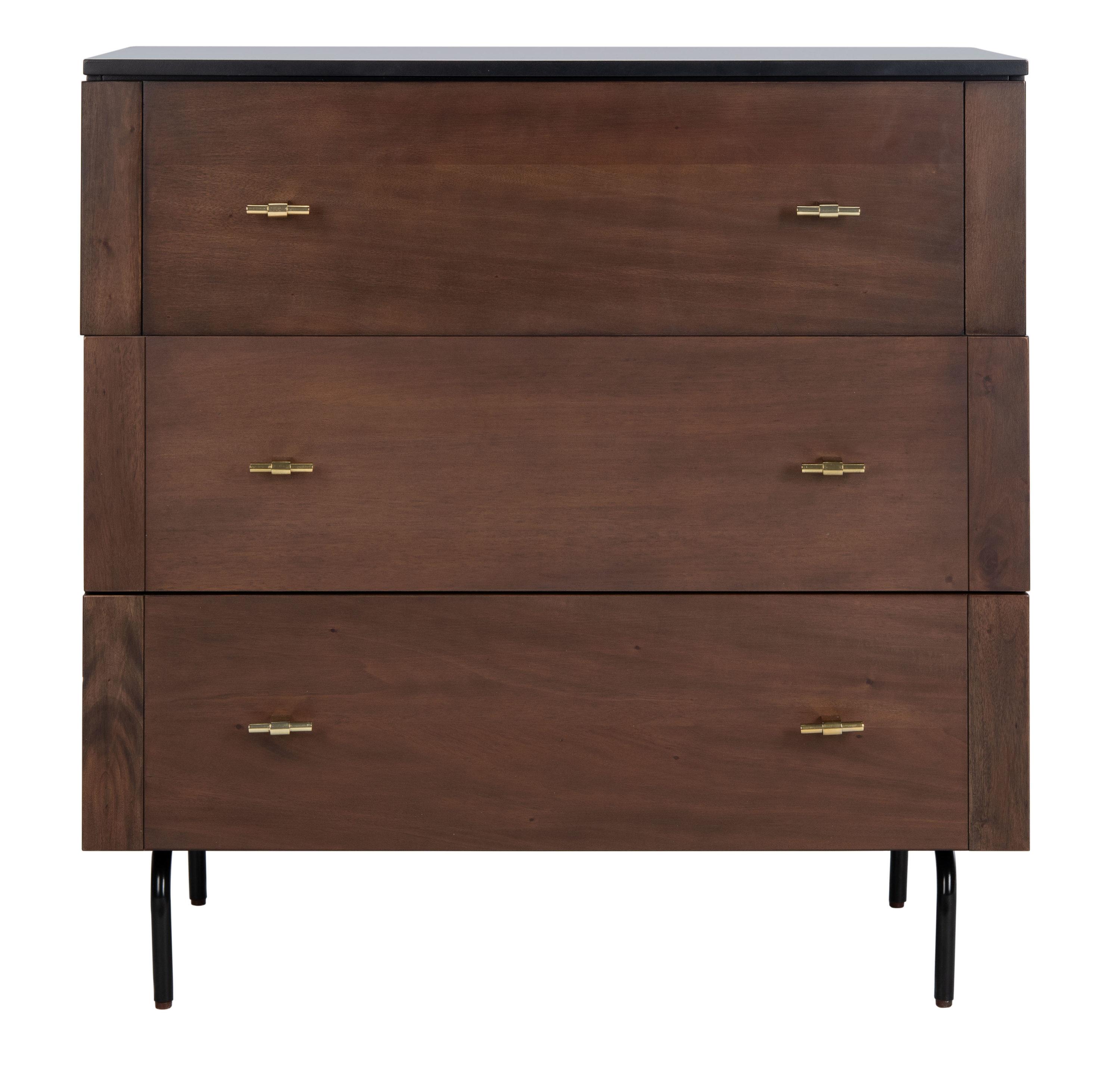 Genevieve 3 Drawer Dresser - Walnut/Black/Gold - Safavieh