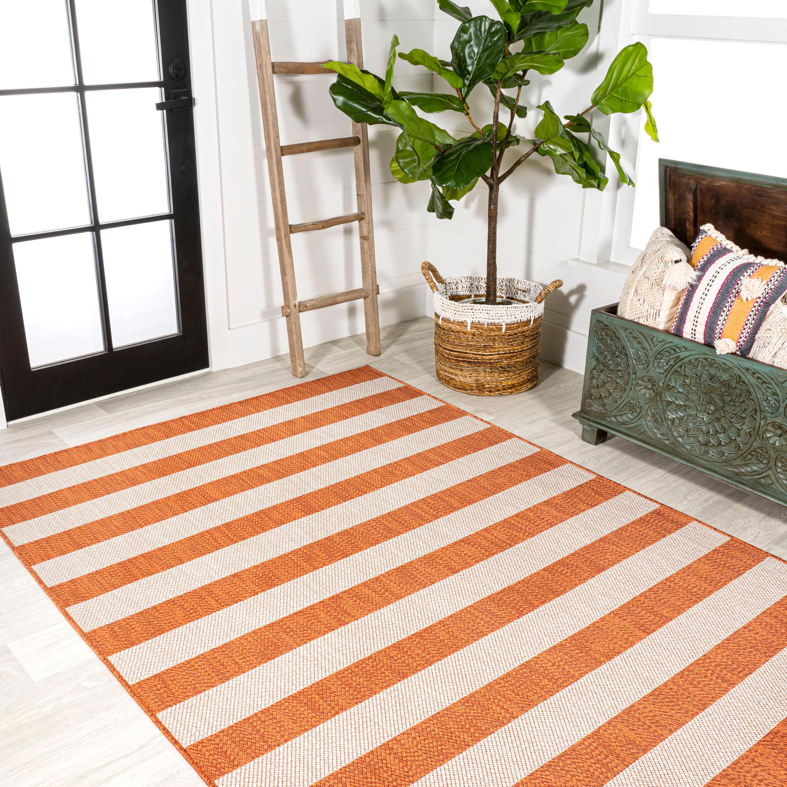 3' x 5' Negril Two-Tone Wide Stripe Indoor/Outdoor Area Rug, Orange/Beige - JONATHAN Y