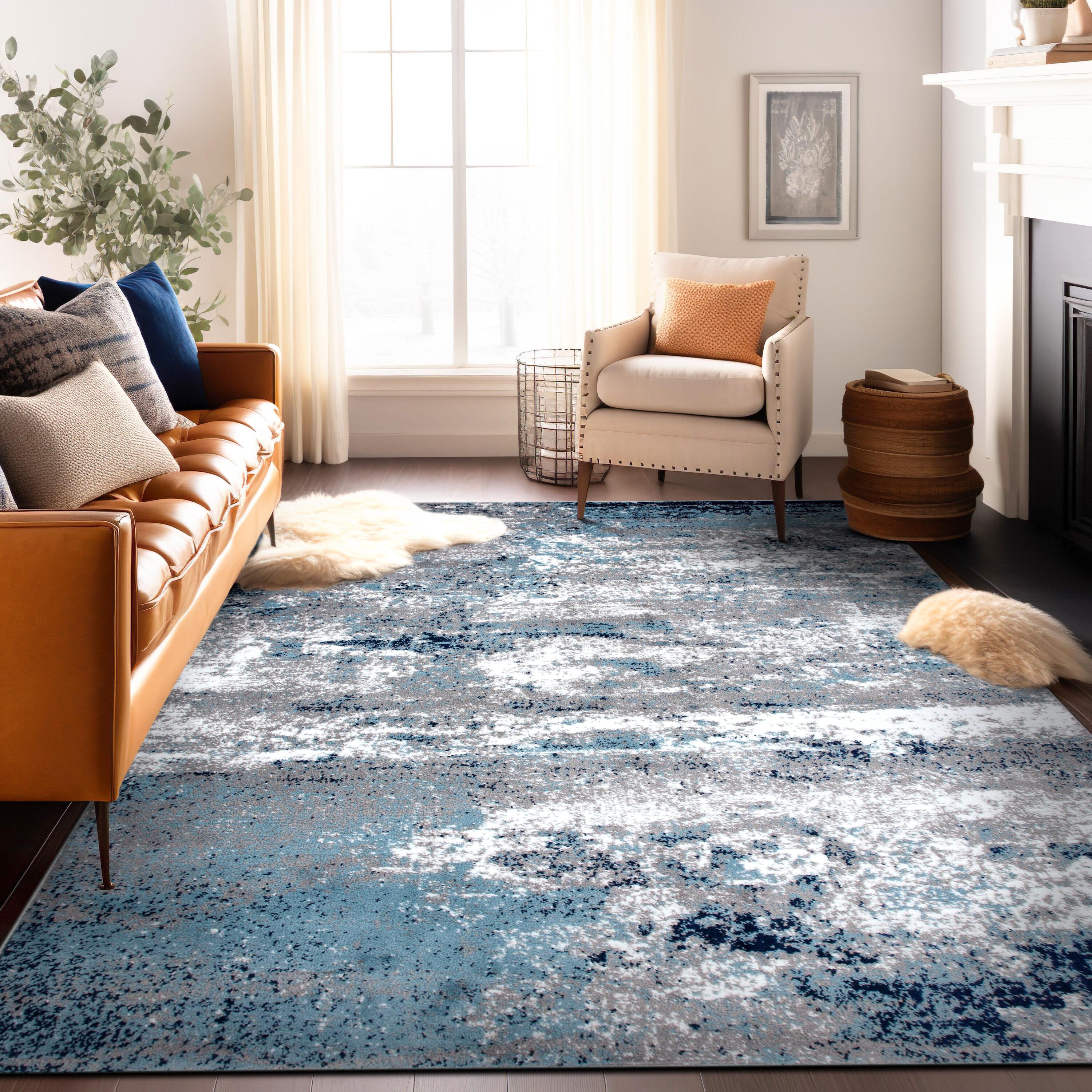 World Rug Gallery Distressed Abstract Watercolor Blue 5' x 7' Area Rug