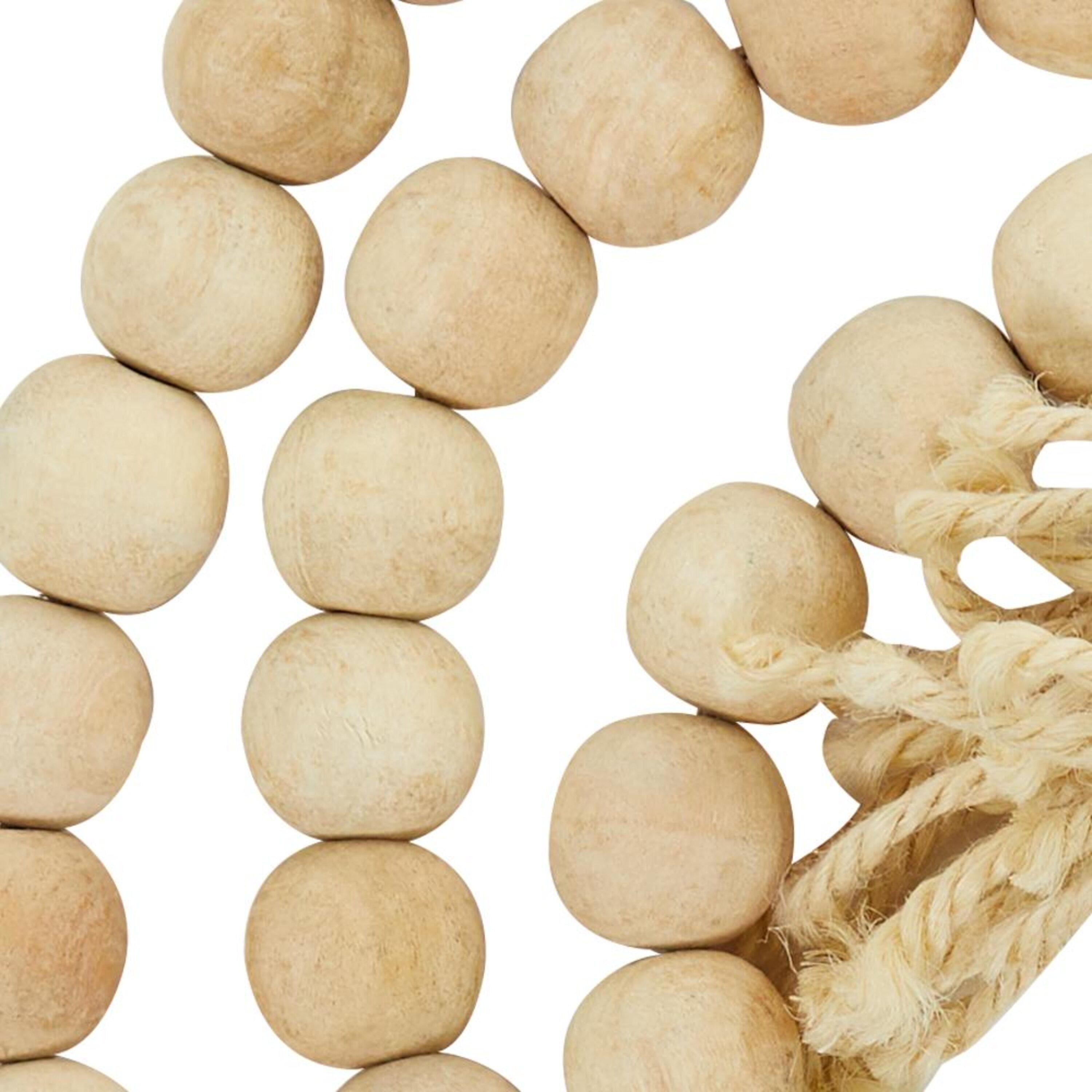 DecMode Light Brown Wood Bohemian Garland Décor with Geometric Bead Details and Cream Cotton Tassel, 87"L