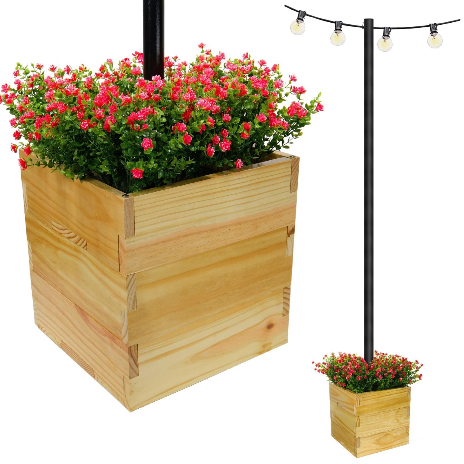 18" Square Natural Wood Outdoor Planter Box with Universal Pole Support