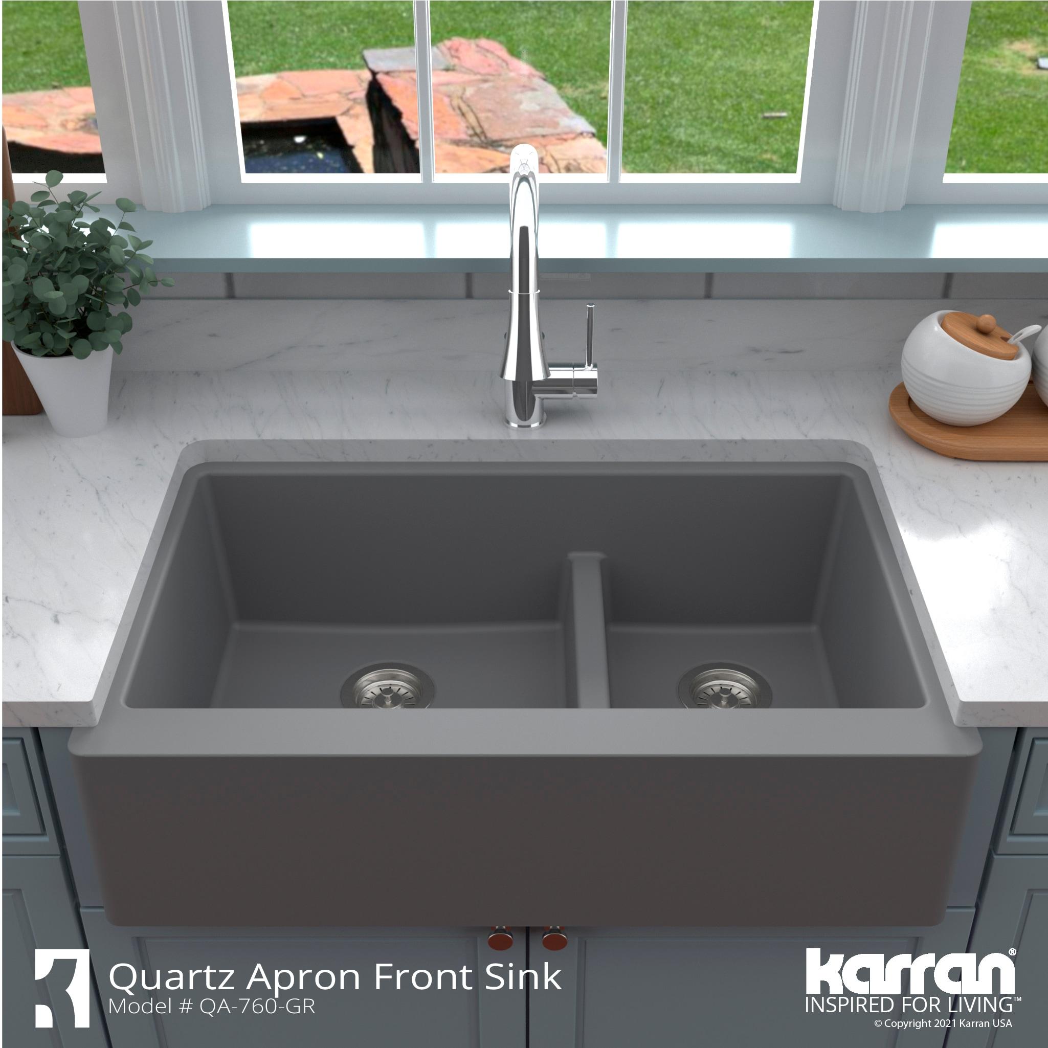 Karran Quartz 34'' X 21-1/4'' 60/40 Double Bowl Farmhouse/Apron Front Kitchen Sink Kit