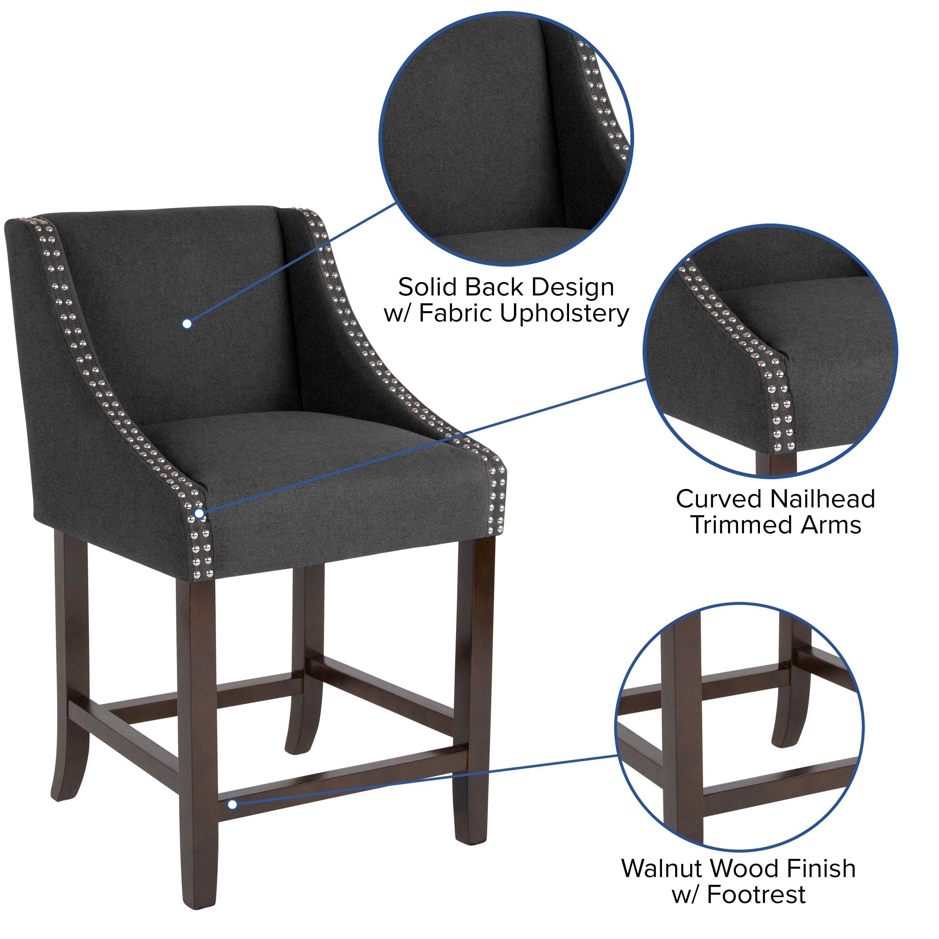Flash Furniture Carmel Series 24" High Transitional Walnut Counter Height Stool with Accent Nail Trim in Charcoal Fabric
