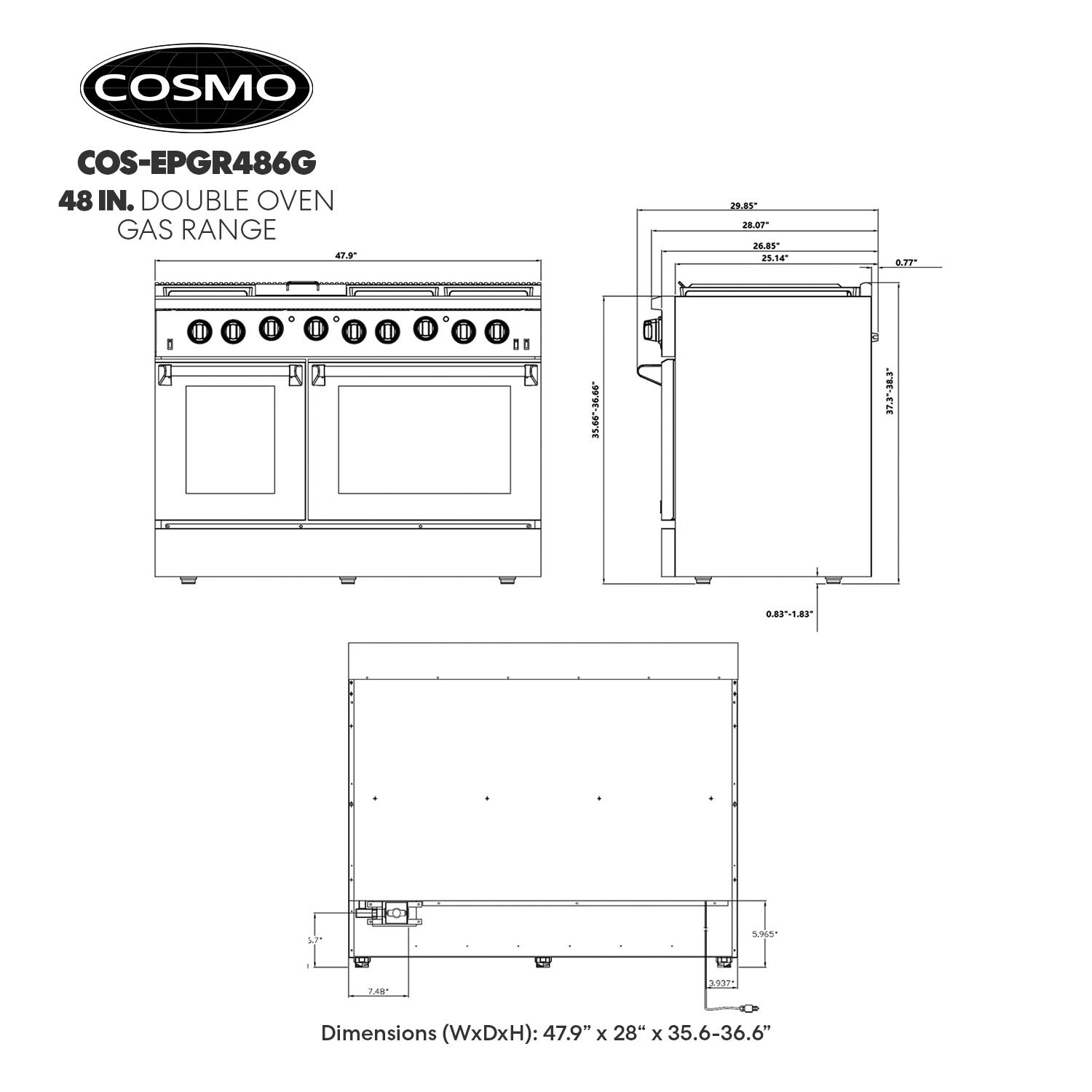 Cosmo 48 in. Haven Collection 6.8 cu. ft. Double Oven Gas Range, 6 Burners, Griddle, Convection, Knob LEDs, Stainless Steel