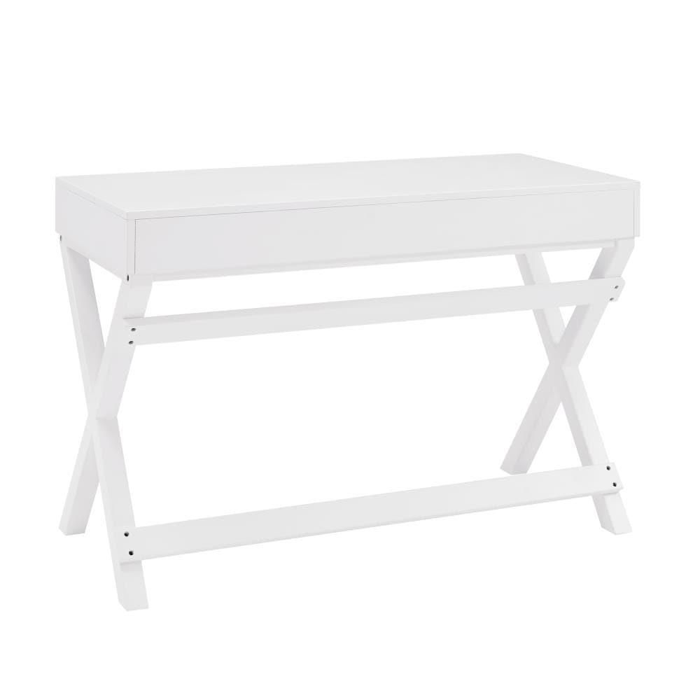 Linon Peggy Transitional Campaign Wood Writing Desk with Drawers White : Pine Frame, MDF Surface, Metal Hardware