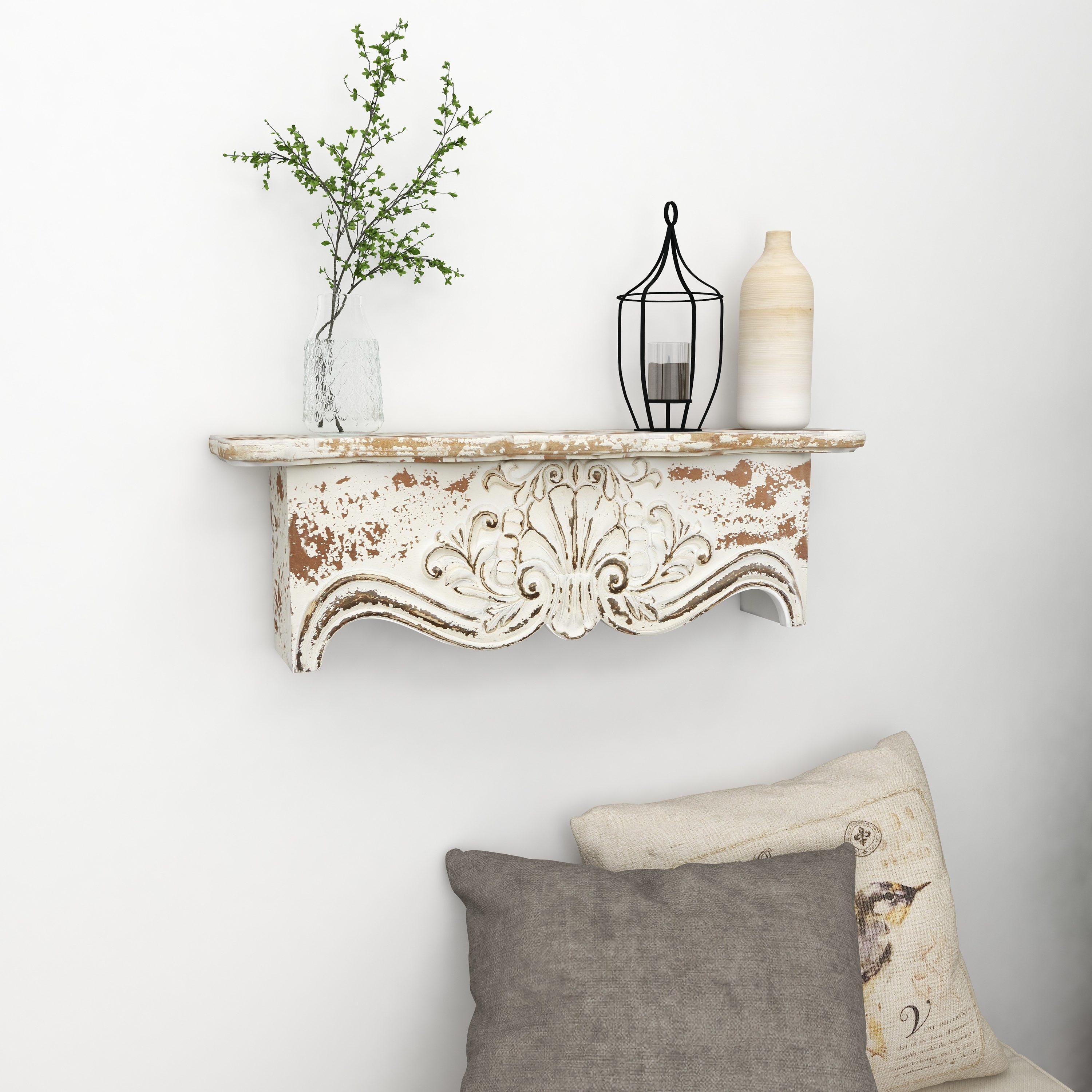 Kelly Clarkson Home Elicia White Wood Scroll Distressed 1 Shelf Room Wall Shelf