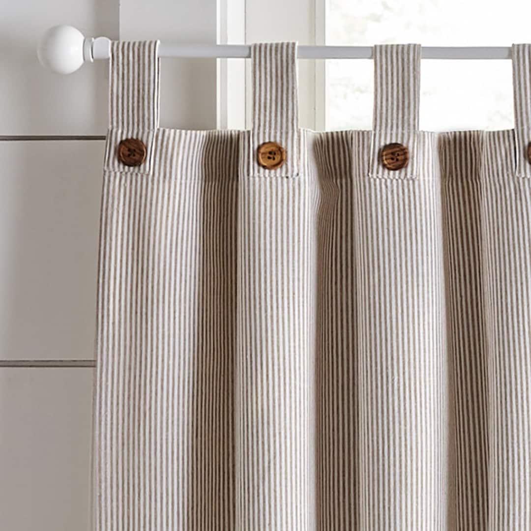 Tucker Ticking Stripe Button Tab Top Window Kitchen Tier Set of 2 - 30" x 24" - Linen - Elrene Home Fashions