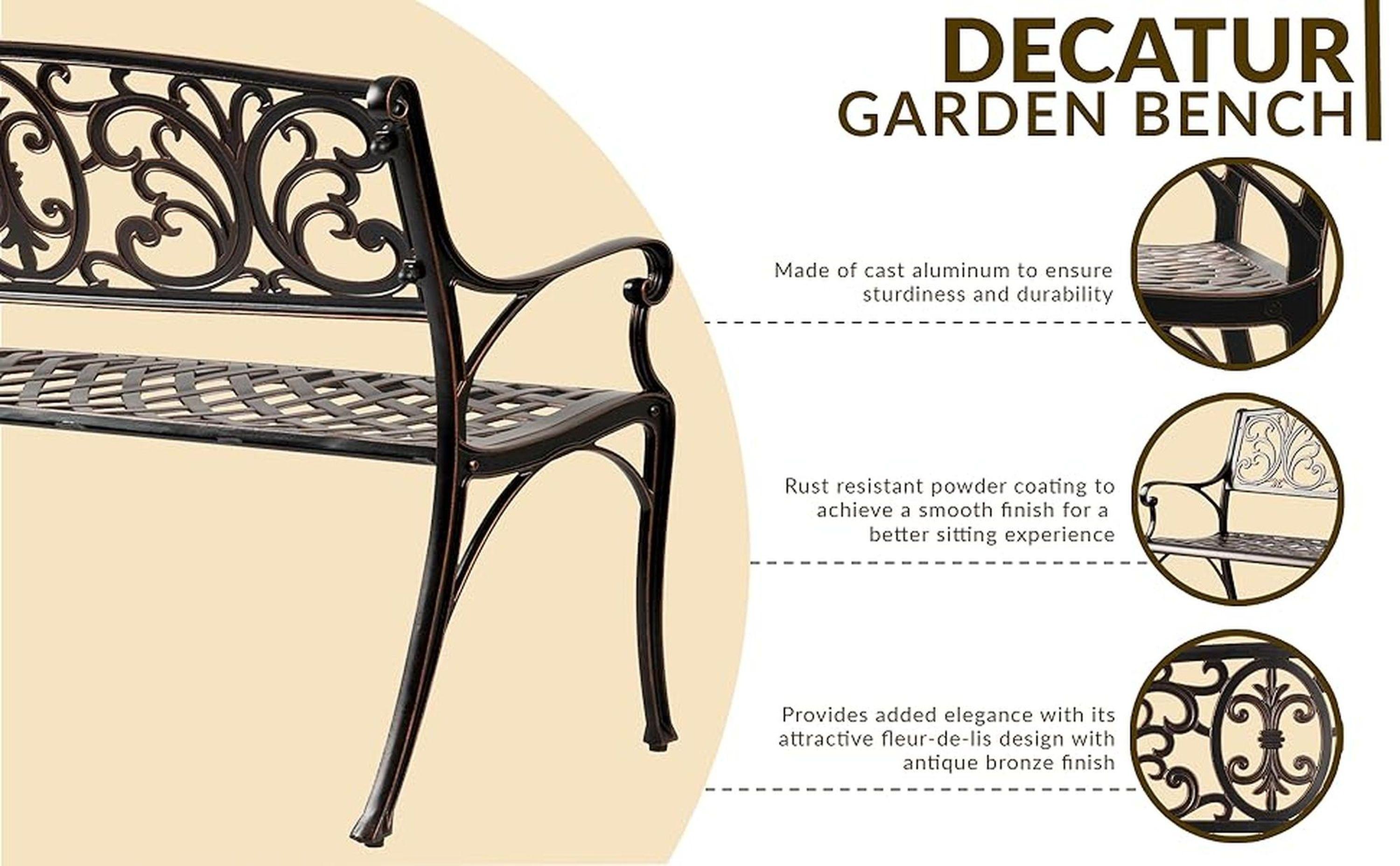 Balkene Home Decatur Outdoor Cast Aluminum Patio Bench Heavy Duty Rust Free Aluminum Construction - Antique Bronze Finish