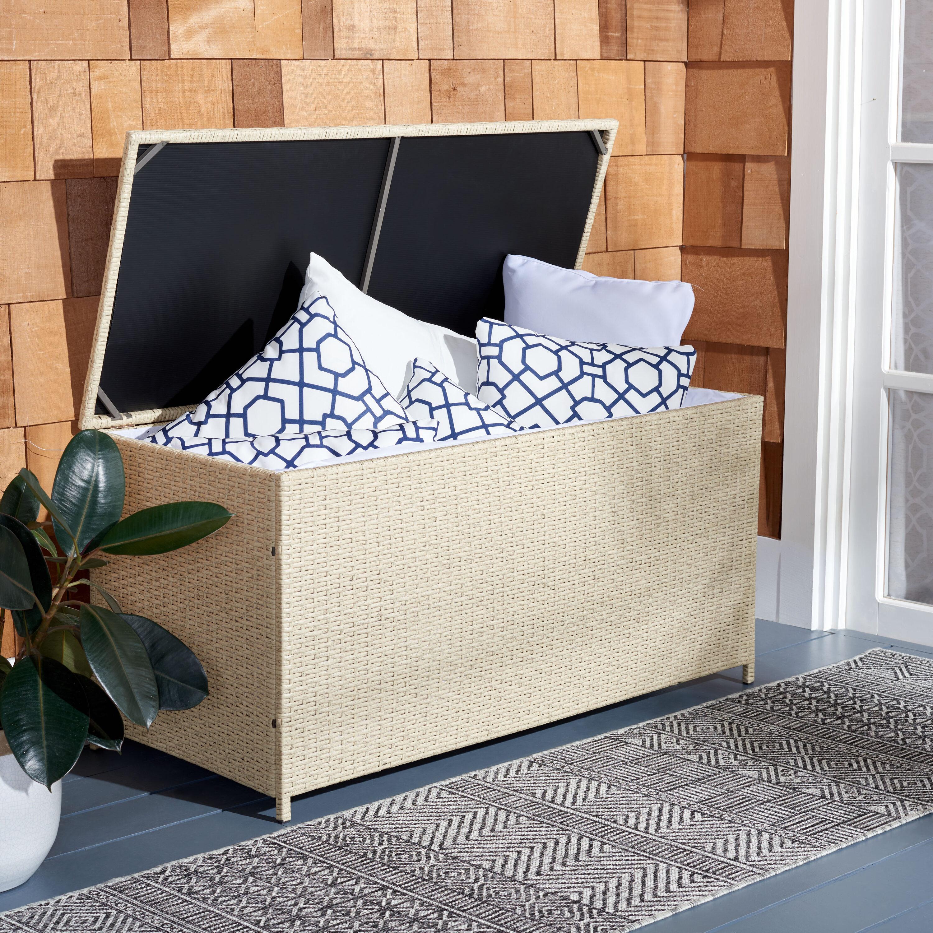 Oliveira Outdoor Cushion Deck Box - Beige/White Cushion - Safavieh