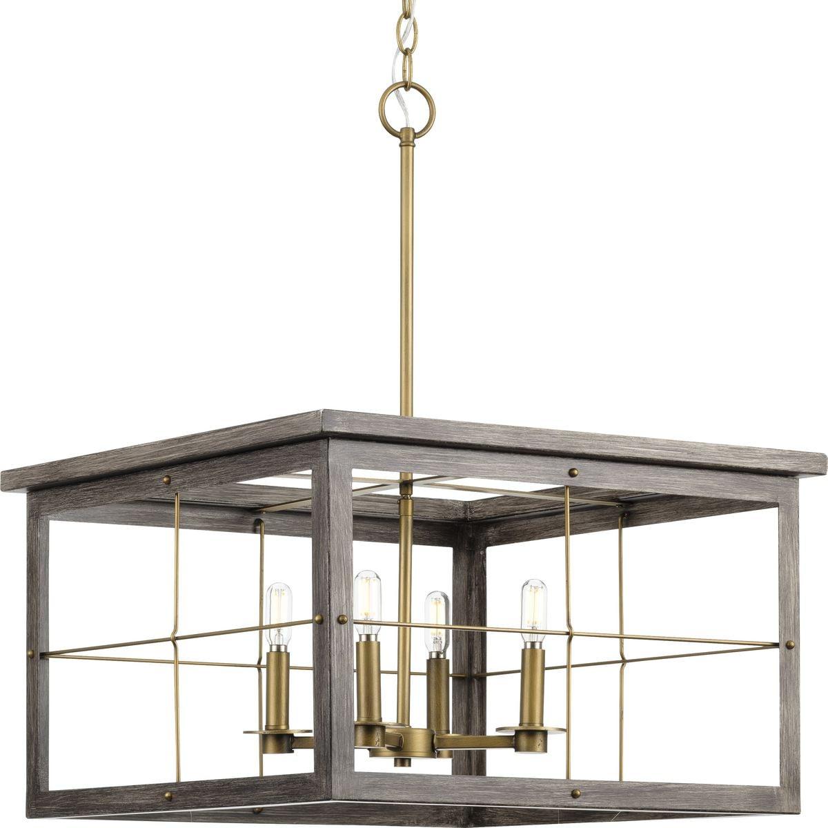 Progress Lighting, Hedgerow Collection, 4-Light Chandelier, Distressed Brass, Windowpane Design