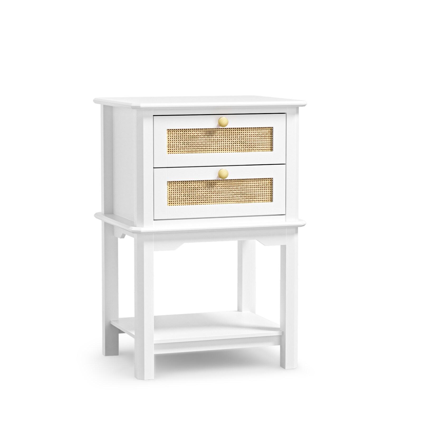 Giluta White Night Stand, 27.95'' H Wood Bedside Table with 2 Drawers, Natural Rattan Nightstand, Farmhouse End Side Table, Night Stand Cabinet for Bedroom