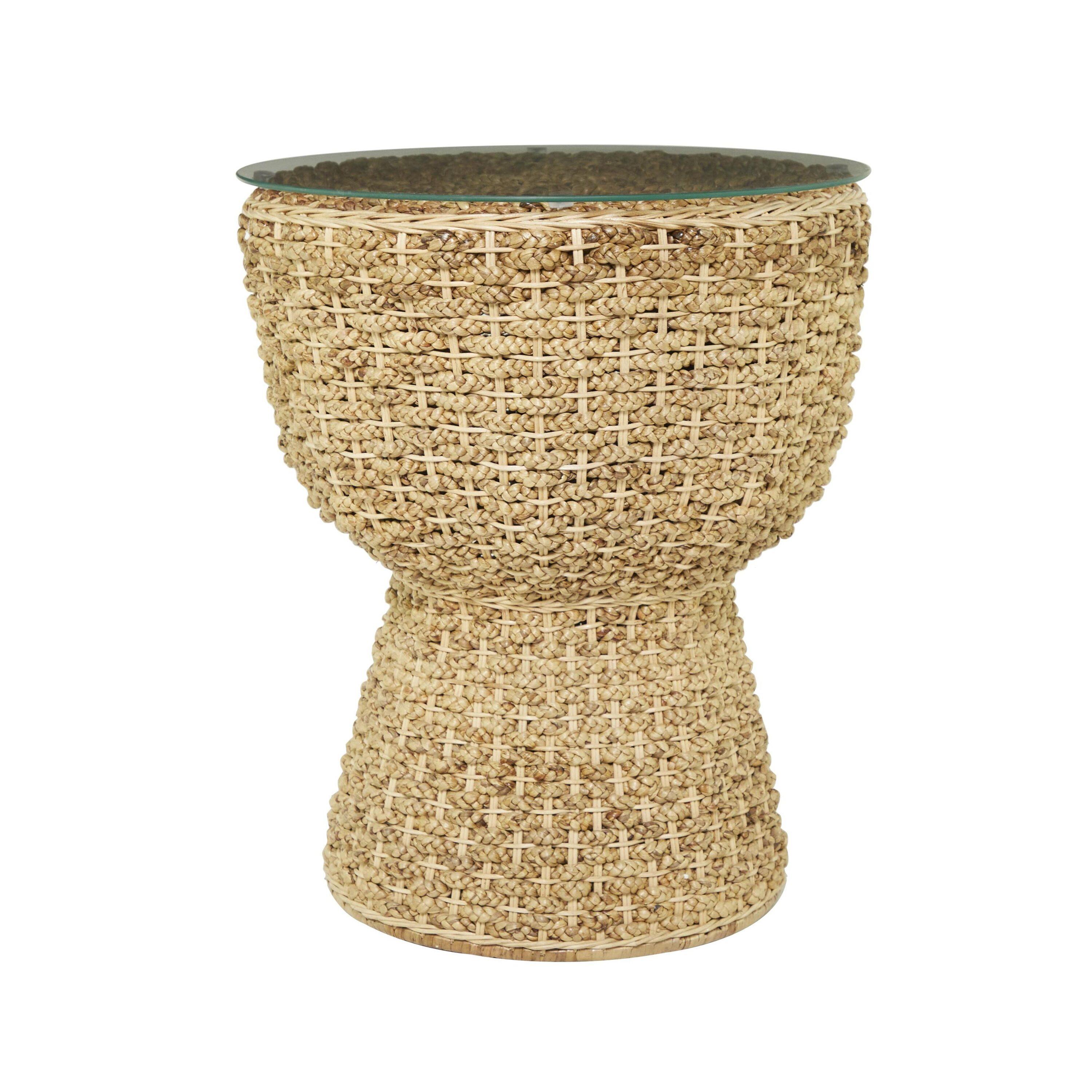 DecMode 20" x 24" Brown Seagrass Handmade Woven Accent Table with Glass Top, 1-Piece